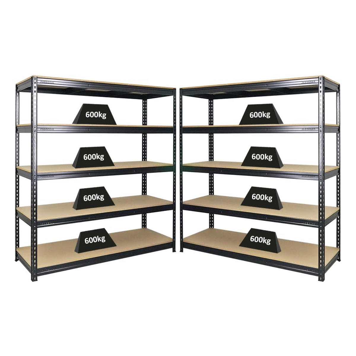 SCHWERLASTREGAL Bison 2er-Set mit 2x 200x180x60 cm 5 Fachböden Fachlast 600 kg Schwarz - Schwarz, Metall (360/200/60cm) - PROREGAL