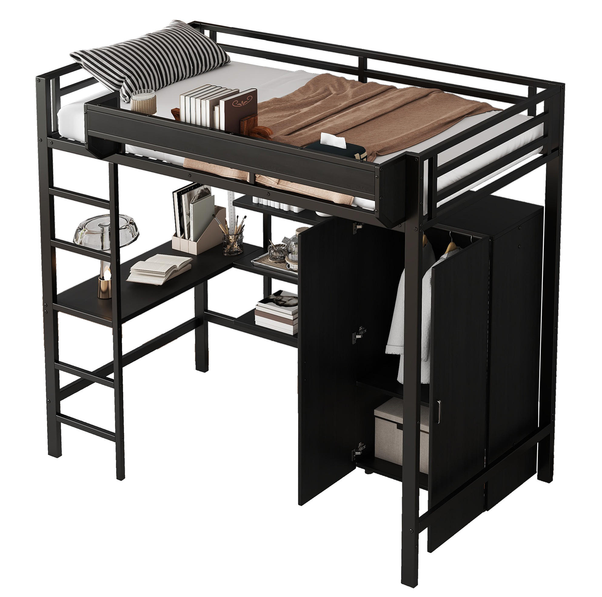 ETAGENBETT 90/200 cm in Schwarz mit Tisch und Kleiderschrank - Weiß, Metall - BEAOK