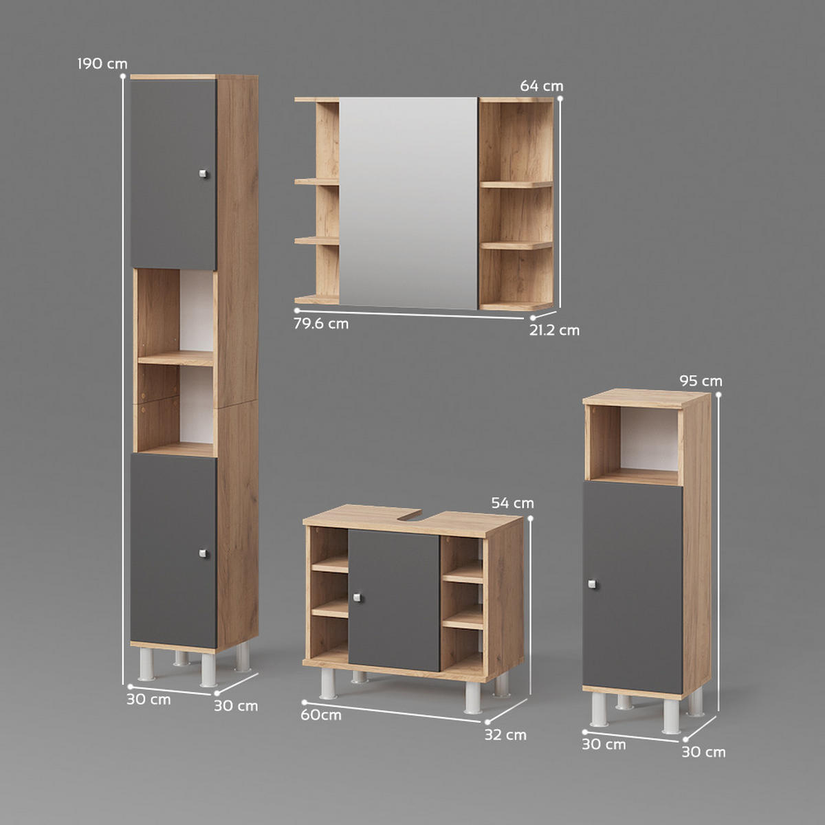 BADMÖBEL-SET Fucino Eiche 4 Teile - Eichefarben/Anthrazit, Holzwerkstoff (79/64/21cm) - Livinity®