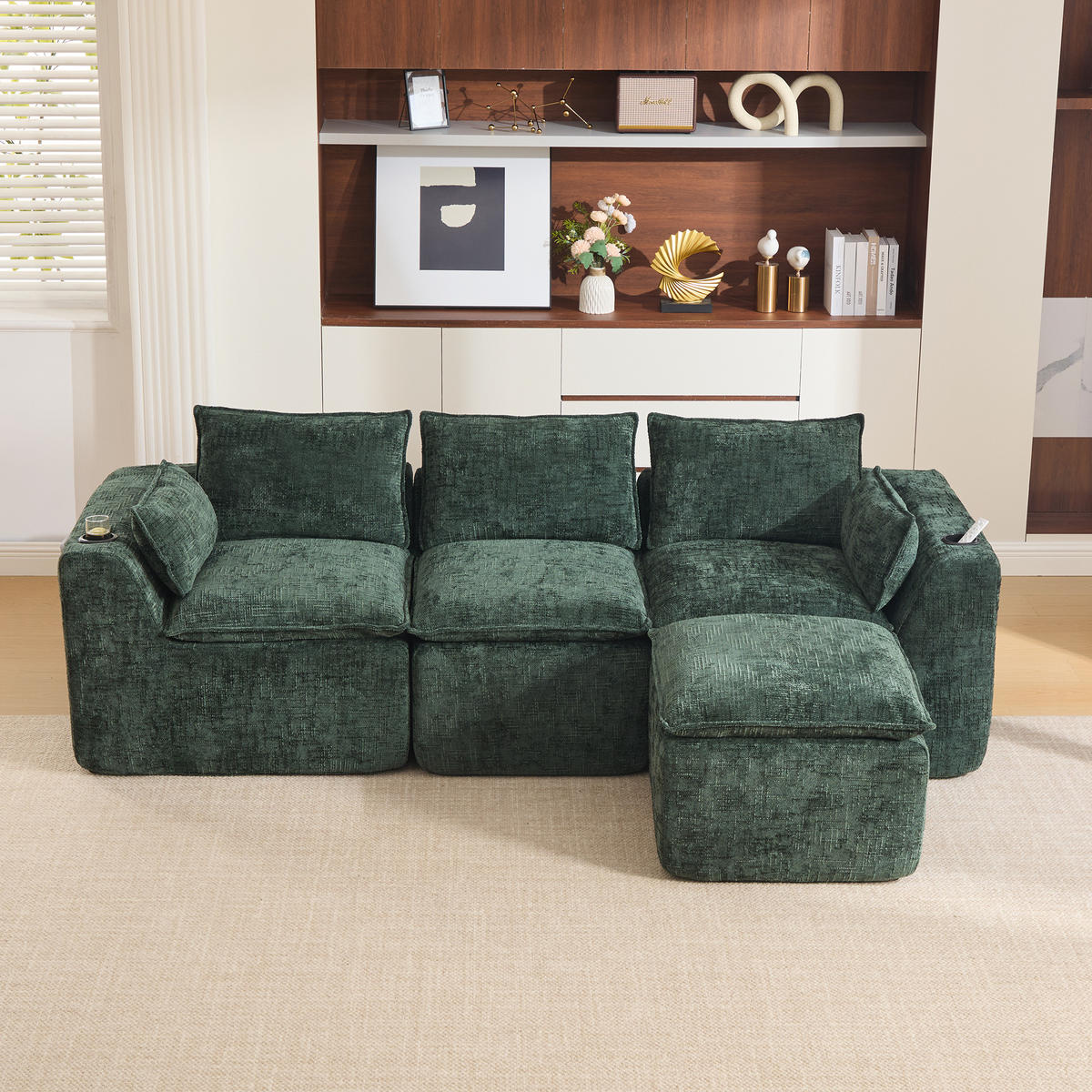 3-SITZER-SOFA aus Chenille, mit Fußhocker und Getränkehalter - Grün, Textil (256/75/161cm) - Urban Meuble