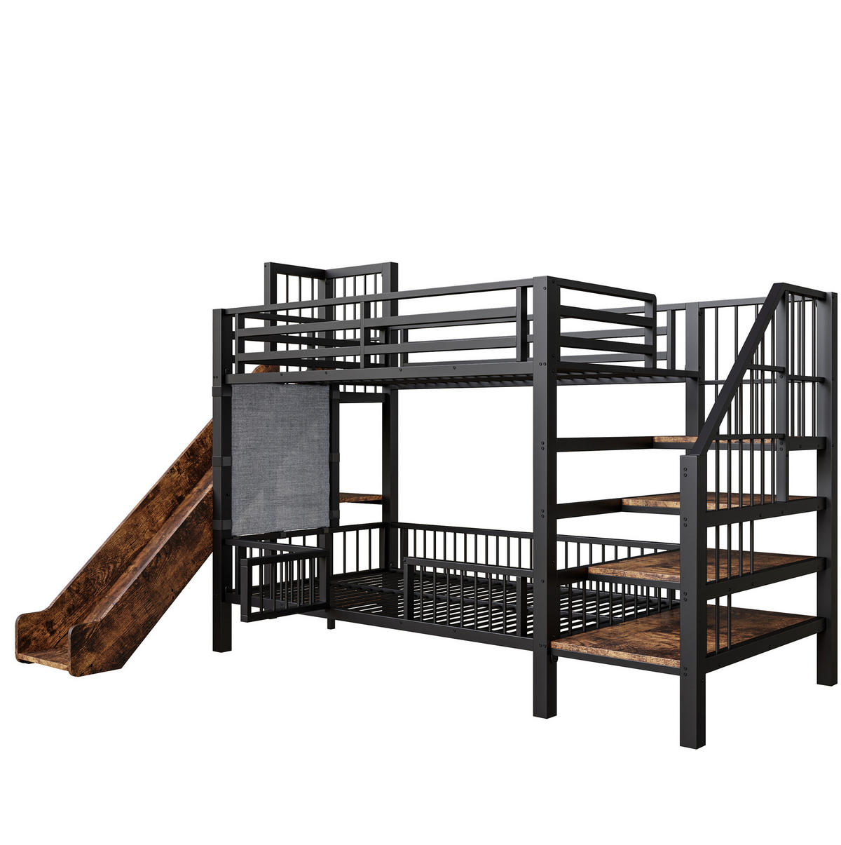 HOCHBETT 90/200 cm mit Rutsche, Stauraumtreppe und Regalen, Schwarz - Schwarz, Holzwerkstoff (90/200cm) - Redom
