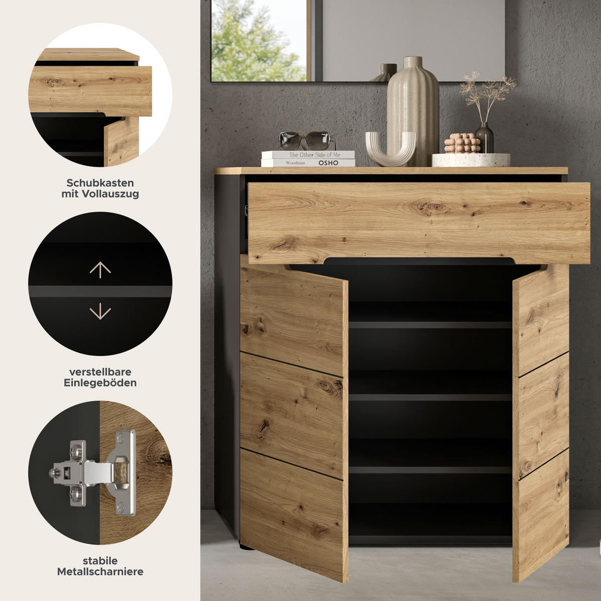 SCHUHKOMMODE Canu Garderobe in Basalt grau Nachbildung und Artisan Nachbildung B/H/T: 80x94x37 cm - Grau, Holzwerkstoff (80/94/37cm)