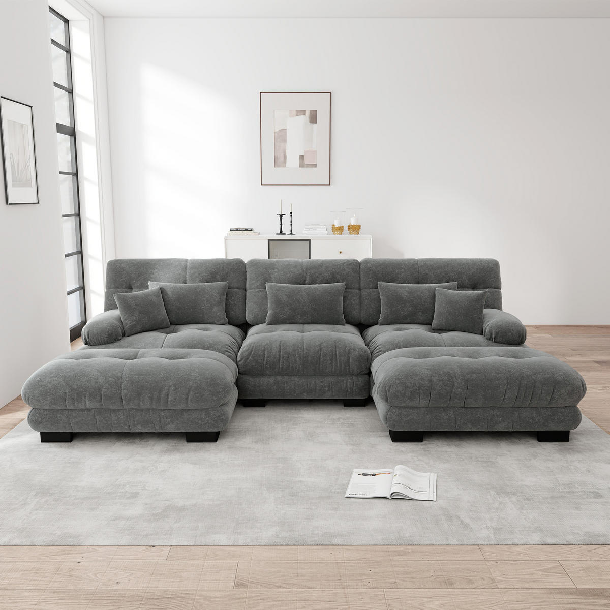 WOHNLANDSCHAFT Chenille Grau mit Ottomanen - Grau, Textil (313/81/145cm) - WISHDOR