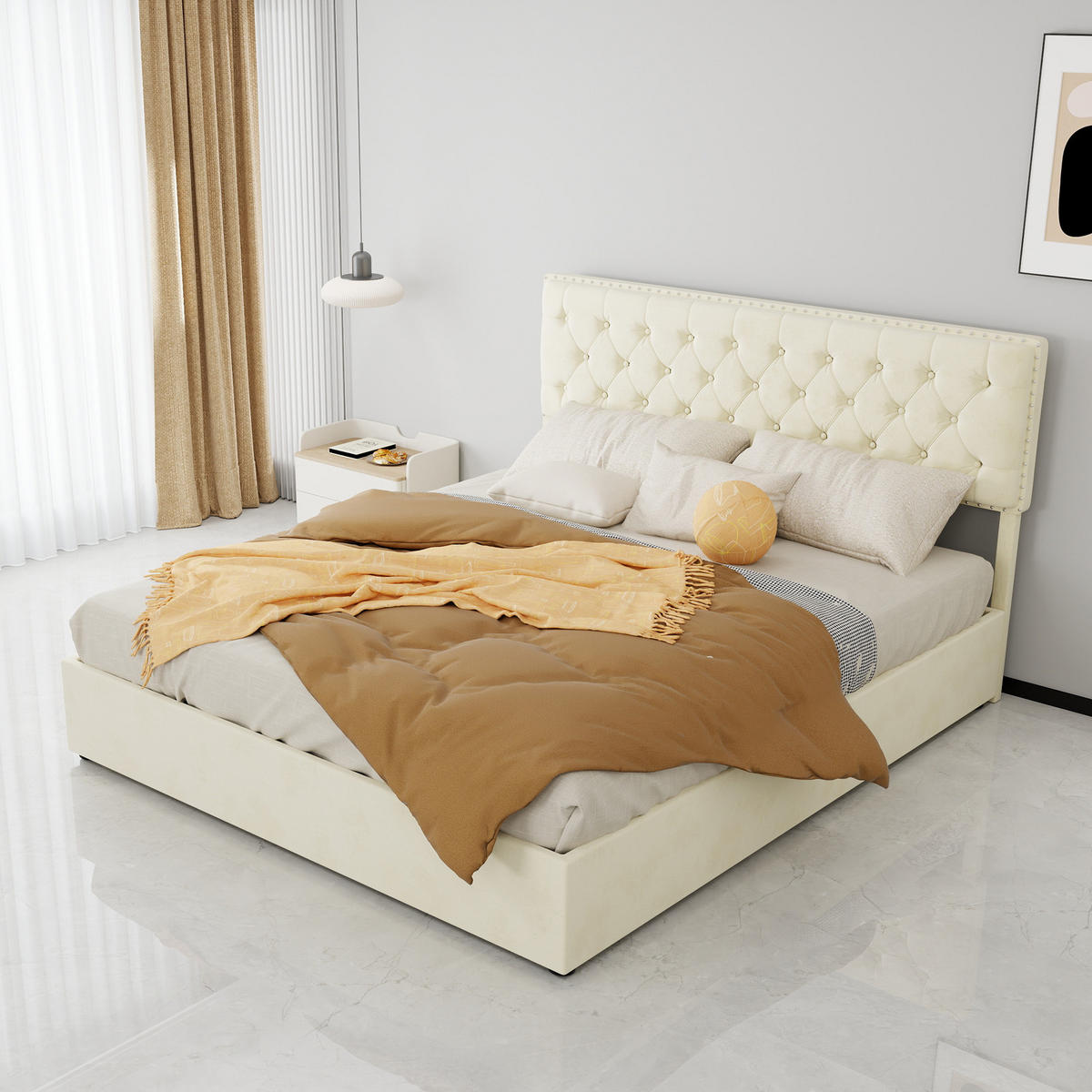 POLSTERBETT 160/200 cm in Beige mit Stauraum unter dem Bett Stoff im Glamour-design - Beige, Holzwerkstoff/Textil (160/200cm) - STILVORA