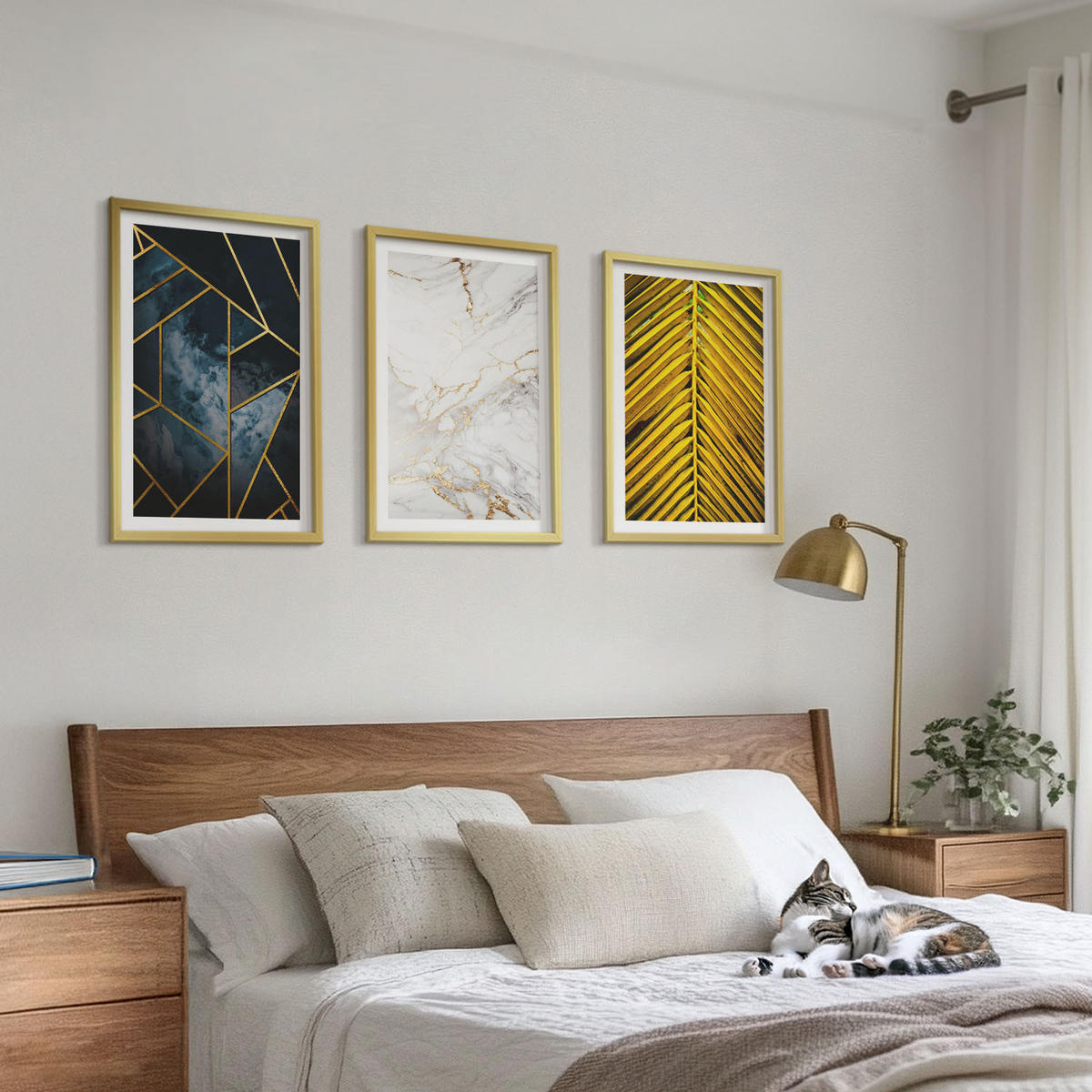 BILDER SET 3er Set - 40x60 cm Goldrahmen - Geometrische Muster und Vegetation - Goldfarben, Kunststoff (40/60cm) - TULUP