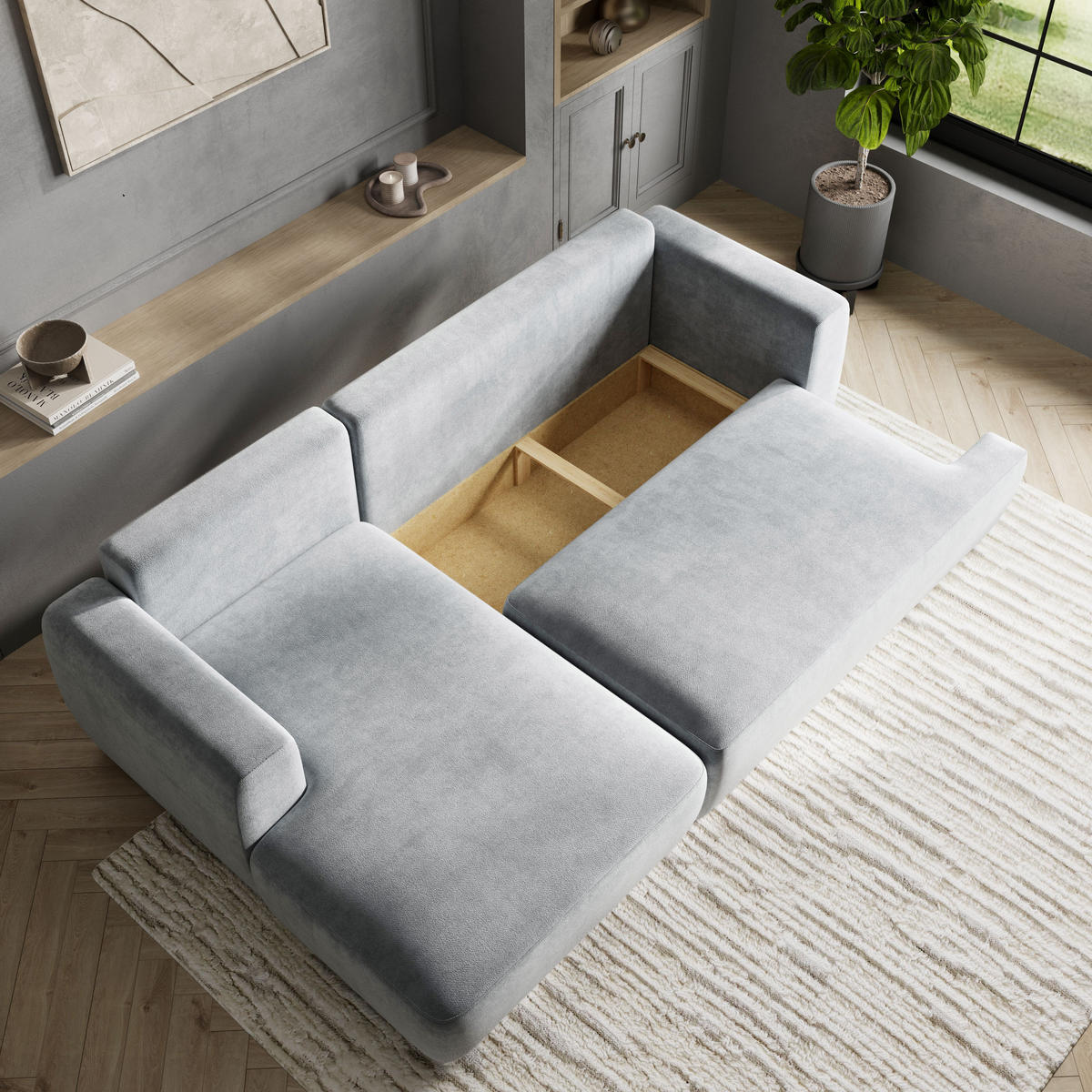 ECKSOFA SENTI K R-S Grau Plüsch-Stoff mit Schlaffunktion - Grau, Holz (246/148cm) - MASSENO