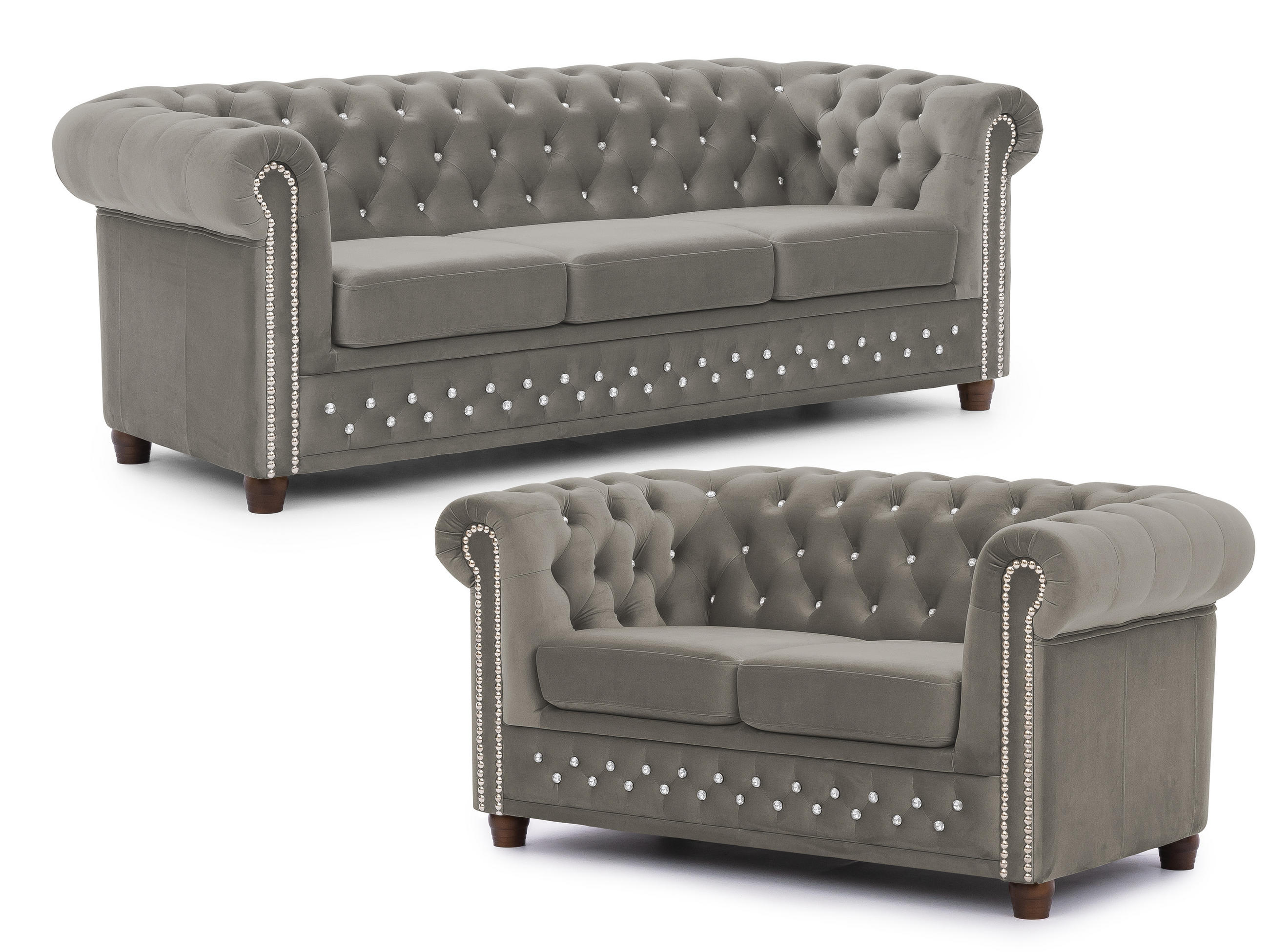 SITZGARNITUR 3+2 Chesterfield Cleo Blink Grau Samt mit Kristallsteppung und braunen Massivholzfüßen - Braun/Grau, Holz/Textil (203/72/86cm) - S-Style Möbel
