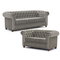 SITZGARNITUR 3+2 Chesterfield Cleo Blink Grau Samt mit Kristallsteppung und braunen Massivholzfüßen - Braun/Grau, Holz/Textil (203/72/86cm) - S-Style Möbel