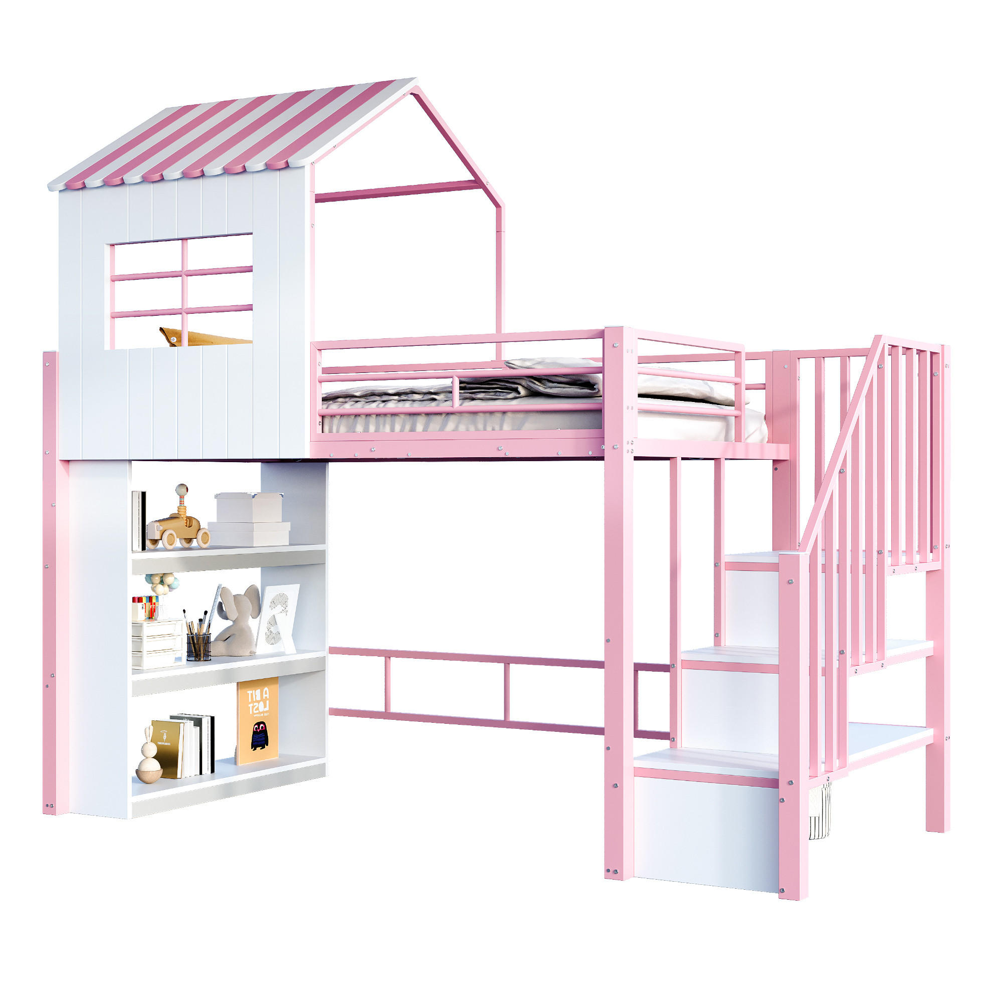 HOCHBETT aus MDF und Metall 90x200 cm Rosa mit Stauraumtreppe, Regal und viel Platz unter dem Bett - Pink, Holzwerkstoff (90/200cm) - Modfu