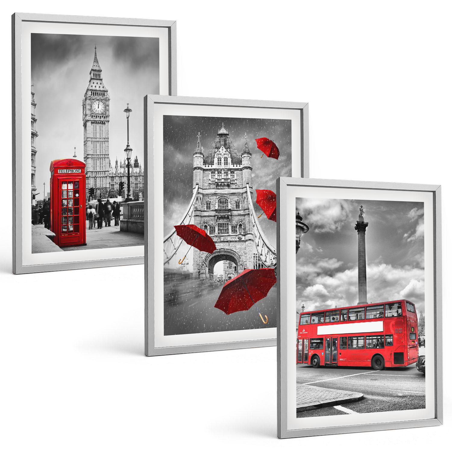 BILDER SET 3er Set - 40x60 cm Silberner Rahmen - Roter Regenschirmstand und Londoner Bus - Silberfarben, Kunststoff (40/60cm) - TULUP