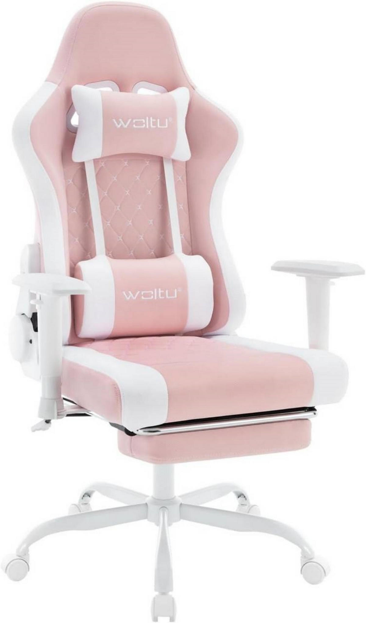 GAMINGSTUHL mit Lendenkissen, Massagefunktion, Rosa+Weiß - Weiß/Rosa, Textil/Metall (70/129/57.5cm) - Woltu