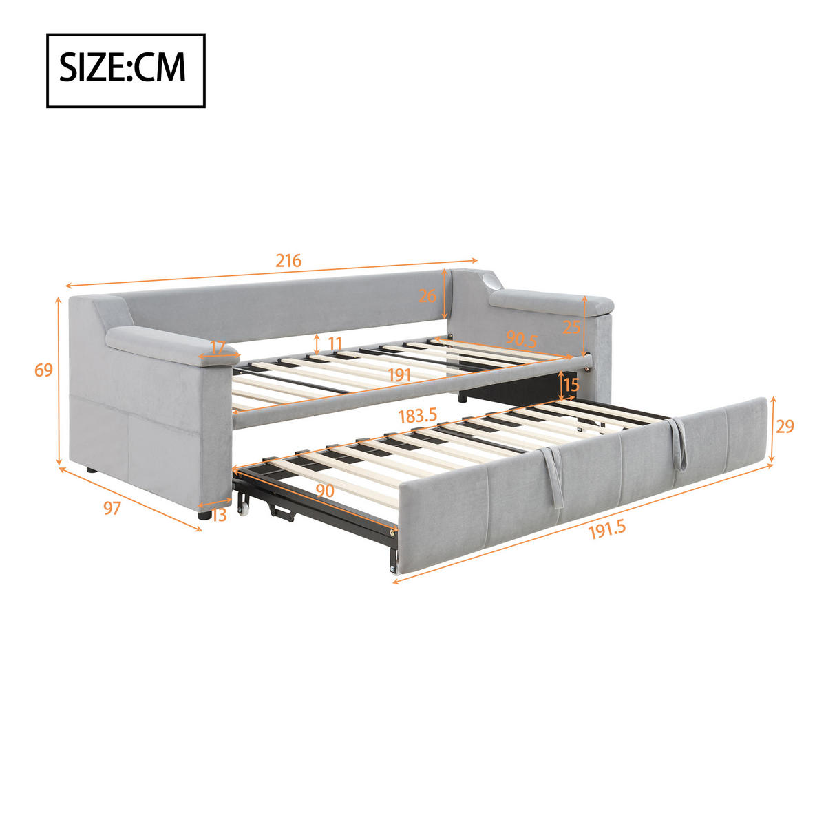 POLSTERBETT 90/180X190 cm Mit USB-Ladeanschluss in Samtstoff，Hellgrau - Hellgrau, Textil (90/190cm) - KOMHTOM
