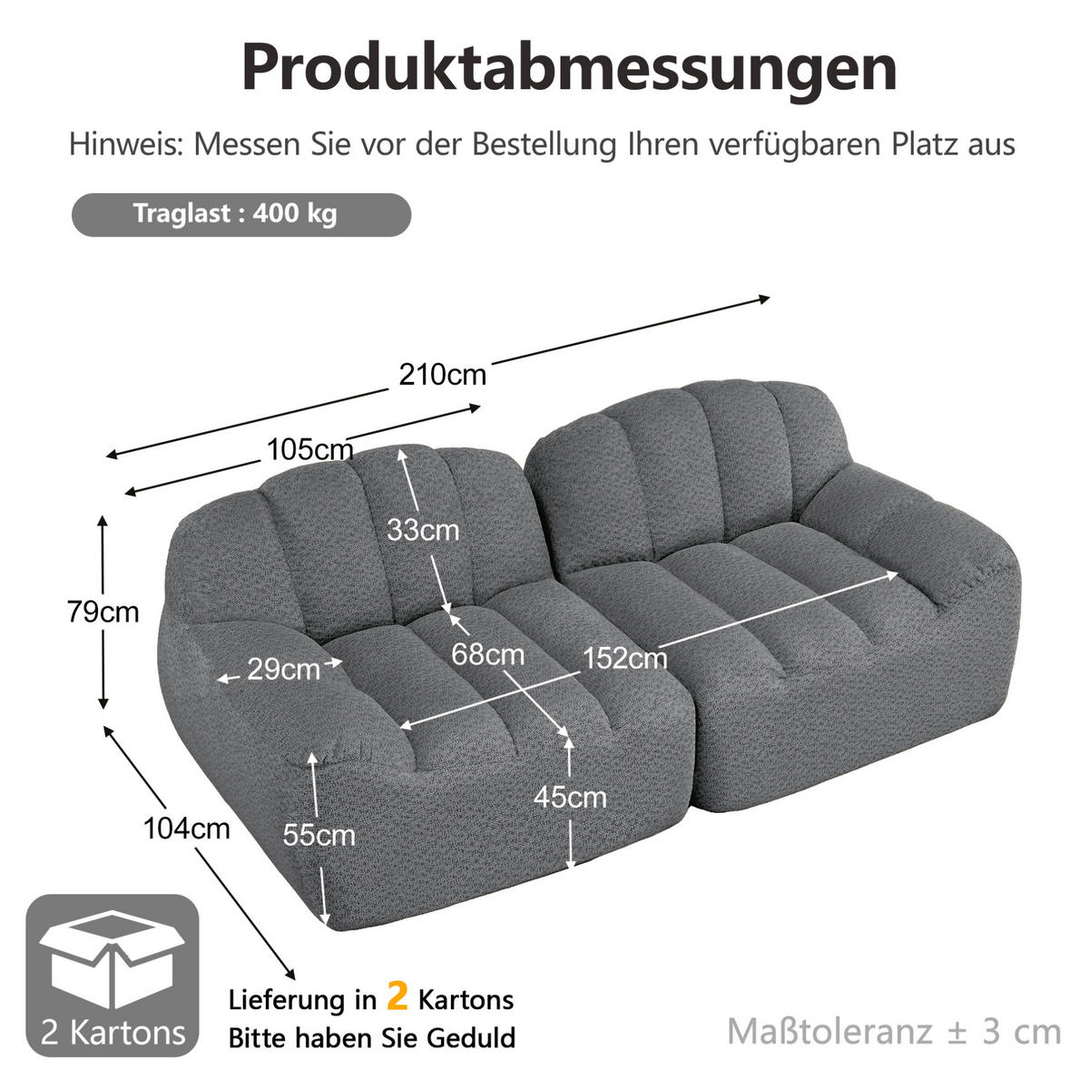 SOFA 210/104/79 cm in Grau, modular, aus Granulierter Fleece, ohne Aufbau - Grau, Textil (104/79/210cm) - Flora Grace