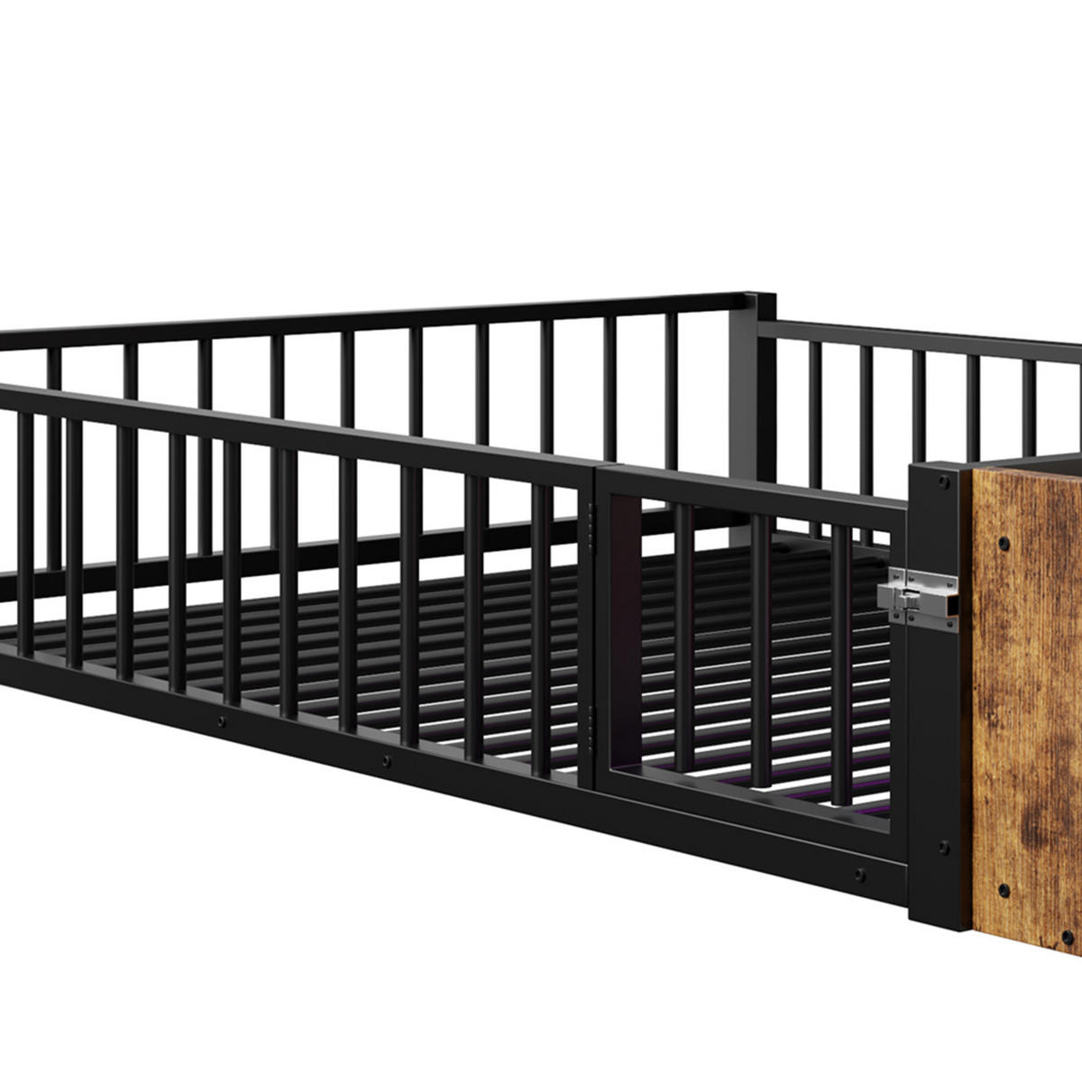 BODENBETT 140/200 cm DE-03338, mit LED, Schließfach und Schutzgeländer, in Schwarz - Schwarz, Holzwerkstoff/Metall (140/200cm) - ComfortXL