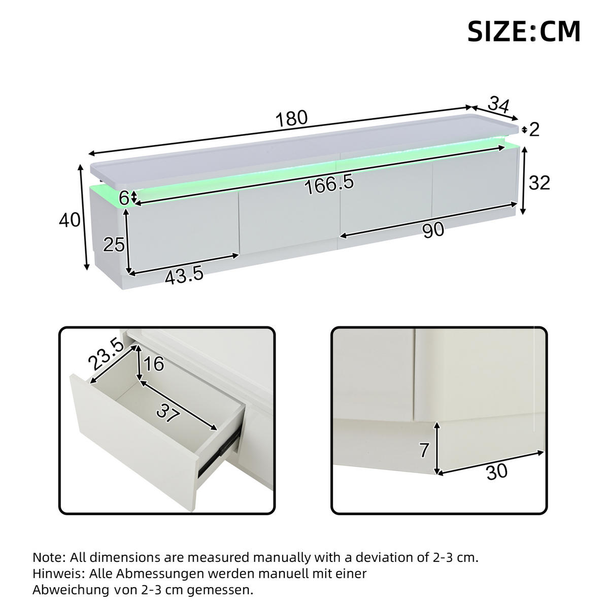 LOWBOARD 180/34/40 cm aus Spanplatte mit LED-Beleuchtung Weiß - Weiß, Holzwerkstoff (180/40/34cm) - Modenvie