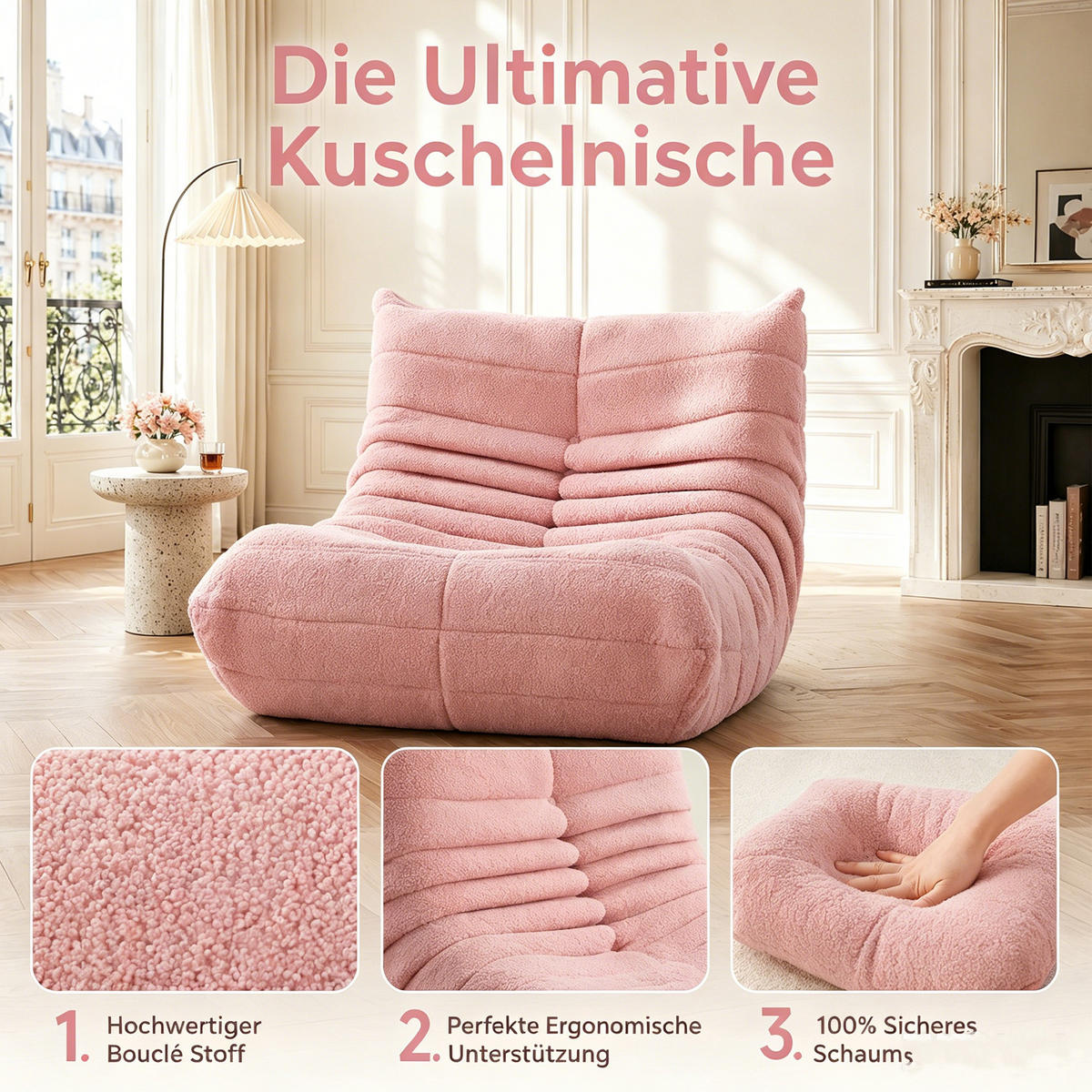 SITZSACK, 105x86x75 cm, Sitzsack in Birnenform, Sherpa-Stoff, Belastbarkeit bis 150 kg, Rosa - Rosa, Textil (86/75/105cm) - GENKI LIVING