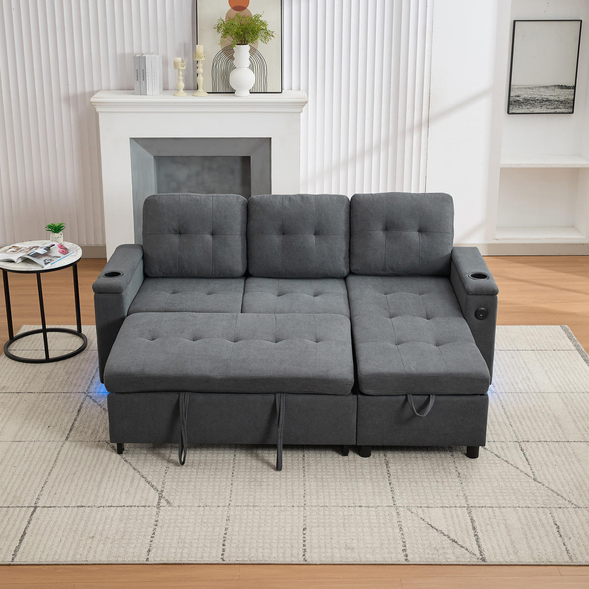 3-SITZER SCHLAFSOFA Vliesstoff Grau mit Stauraum, LED und USB - Grau, Holzwerkstoff/Textil (208/146cm) - WISHDOR