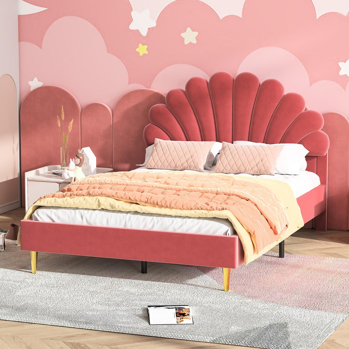 POLSTERBETT 140x200 cm Samt Muschel Kopfteil rot - Rot, Holz (140/200cm) - LEBENLANG