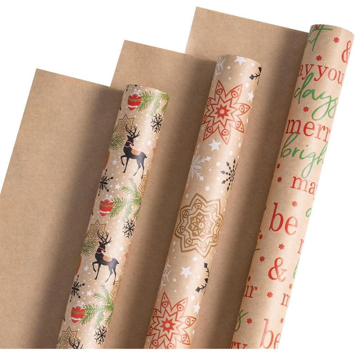 GESCHENKPAPIER 3er Set Kraftpapier Weihnachten 43,2 cm x 3 m - Multicolor, Papier (4/44/10cm)