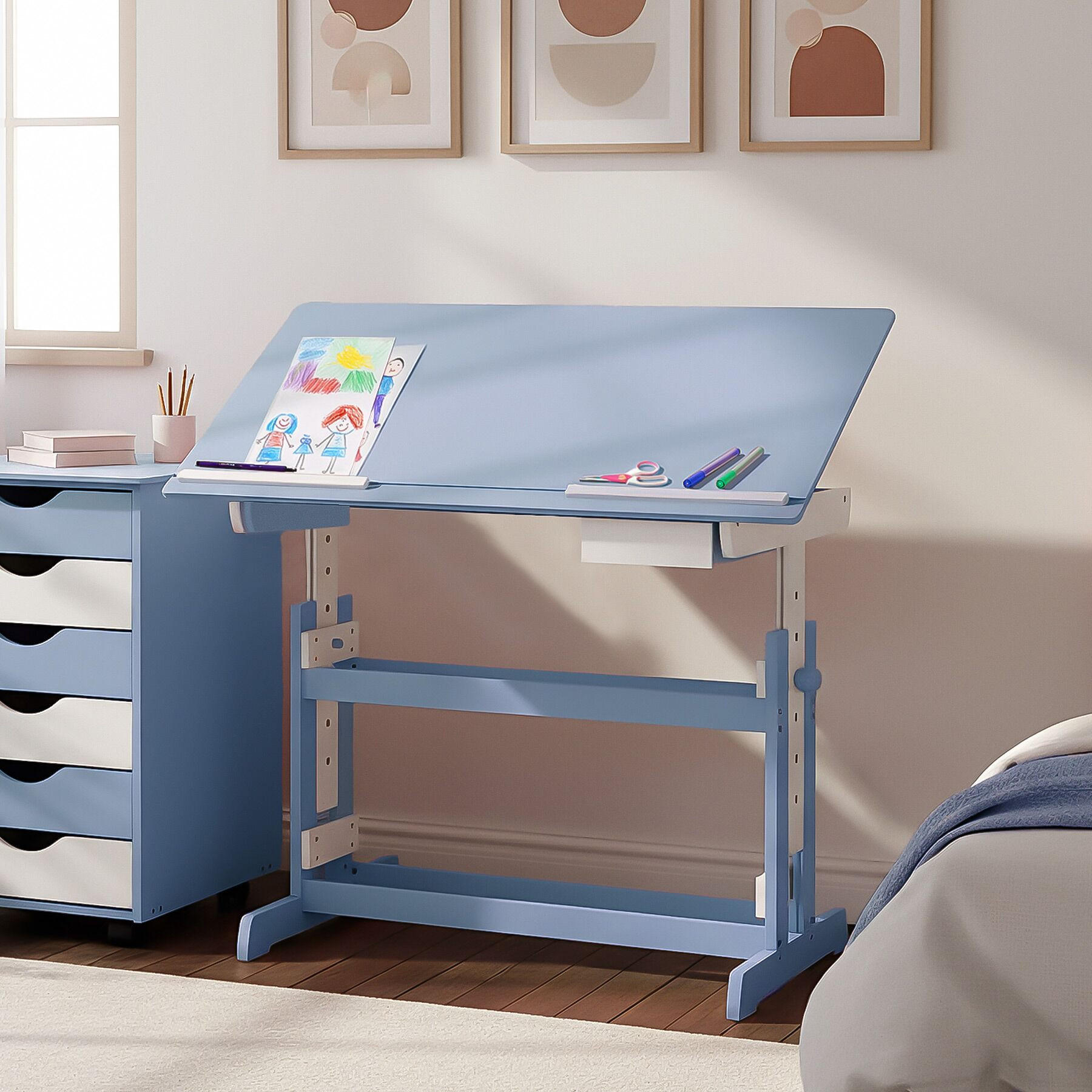 Thumbnail - tectake Schreibtisch, Blau, Holz, Rechteckig, 55x94x109 cm, Arbeitszimmer, Schreibtische, Bürotische