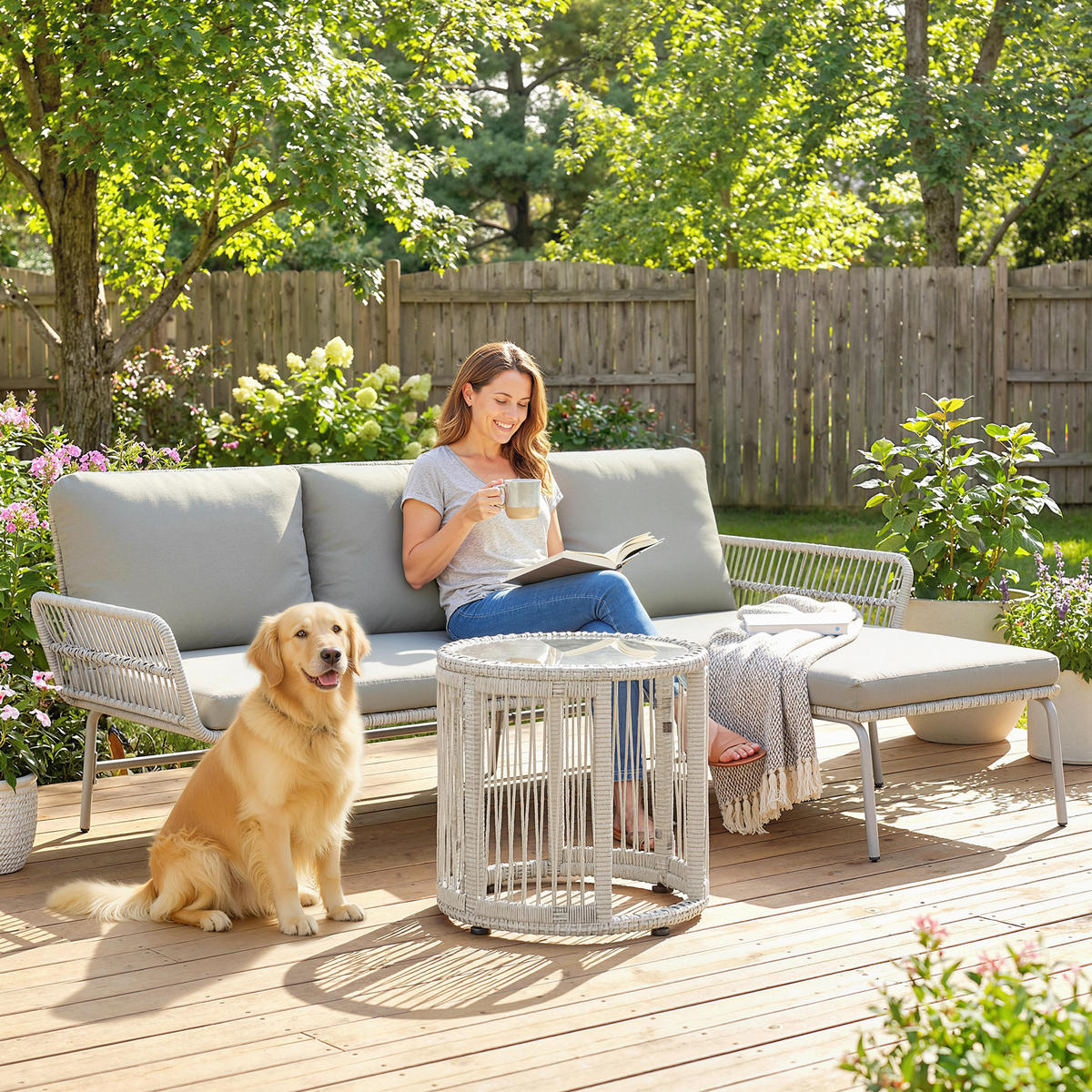 RATTAN-GARTENMÖBEL-SET 3er Set PE-Rattan Metall Hellgrau - Hellgrau, Kunststoff/Textil - Outsunny