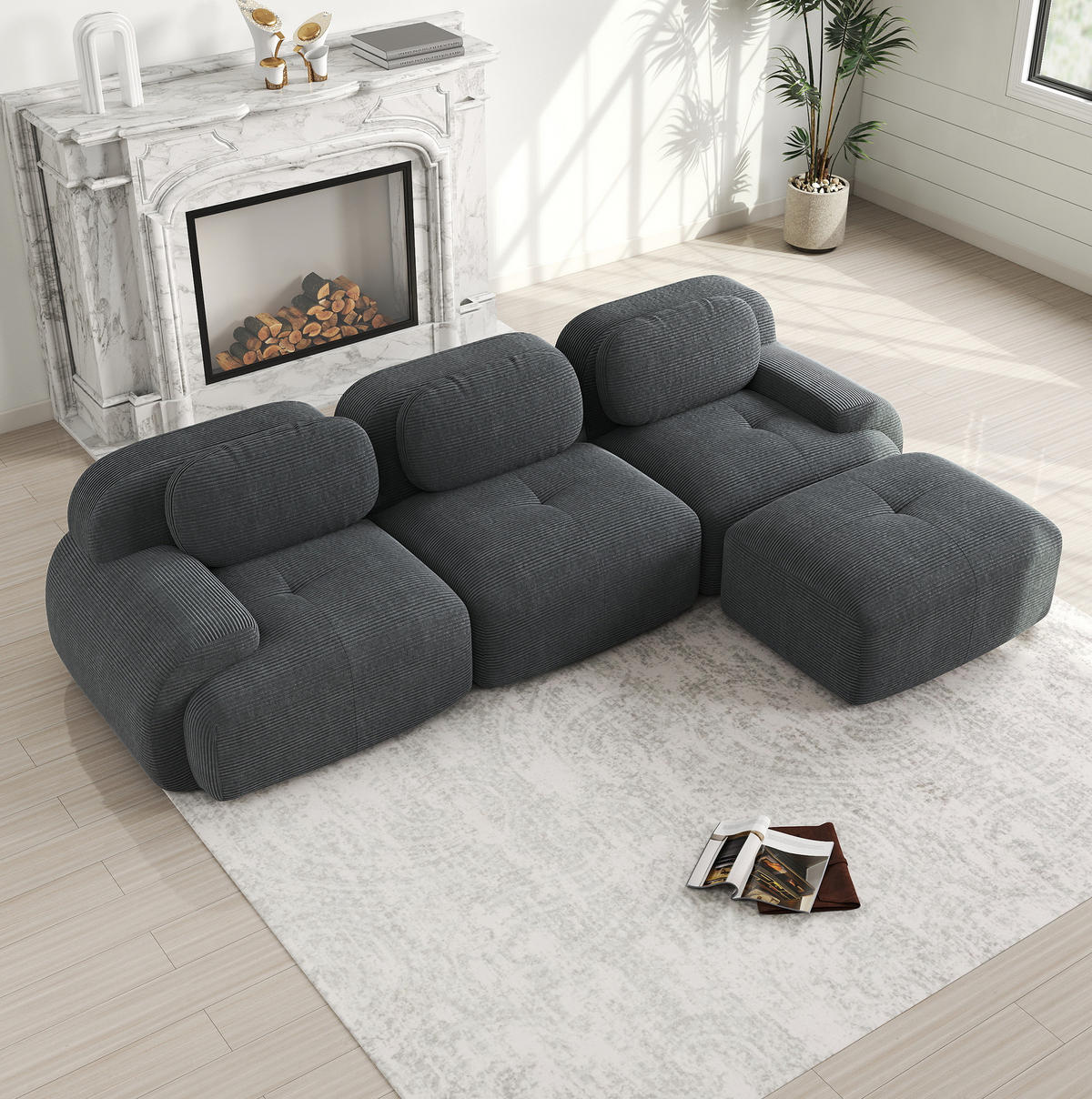 ECKSOFA modular, montagefrei, ergonomisch und rahmenlos mit Cordbezug, Grau - Grau, Textil (298/178cm) - Redom