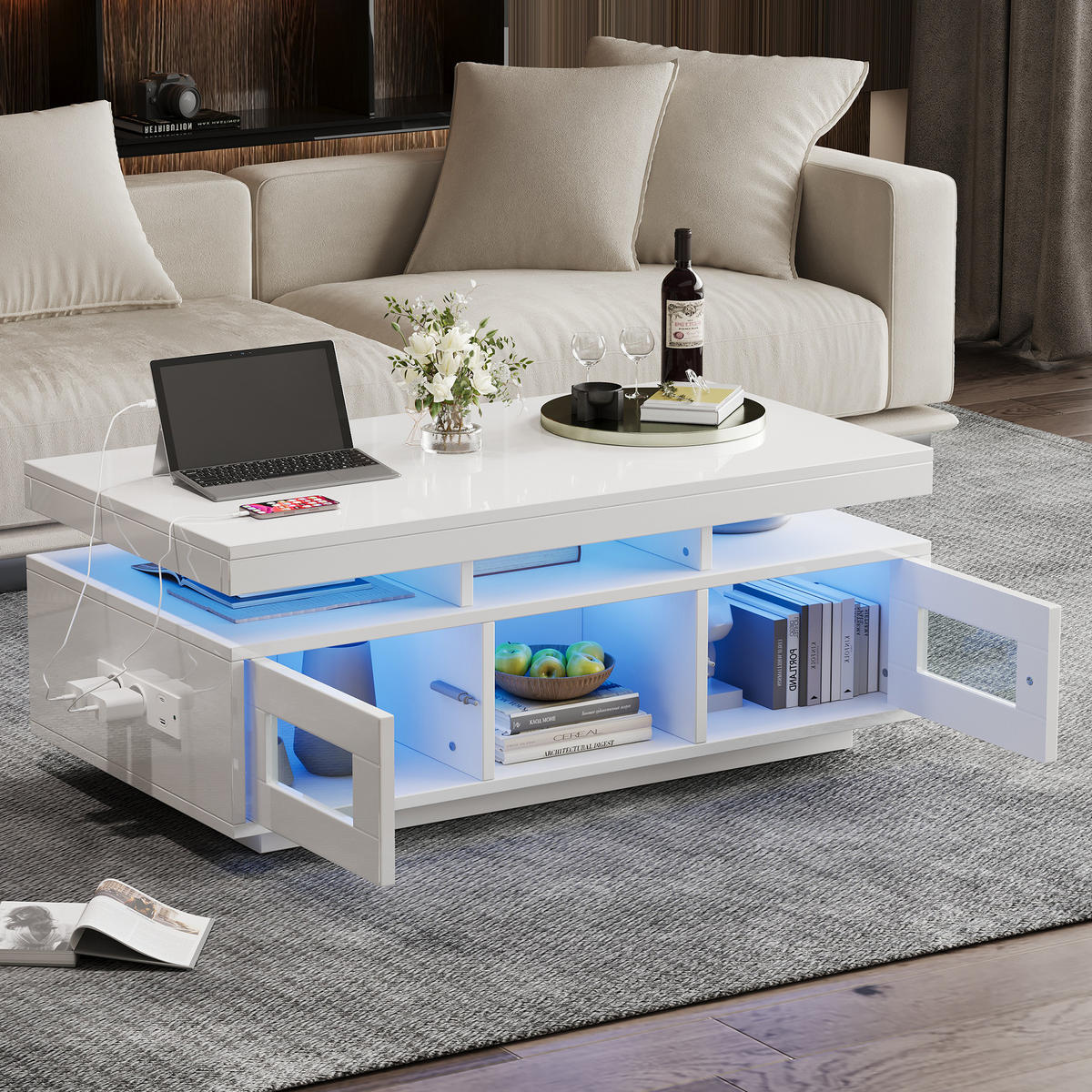 COUCHTISCH aus Spanplatte 100x50x43 cm in Weiß mit LED-Beleuchtung & Steckdose - Weiß, Holzwerkstoff (100/50/43cm) - Modfu