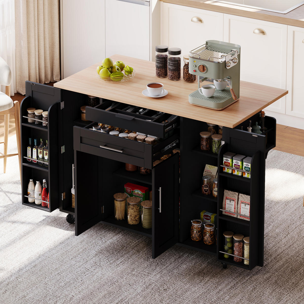 KÜCHENINSEL mobile 136 x 70 x 92 cm Schwarz/Natur MDF - Schwarz, Holz (70/92/136cm) - Beauniv
