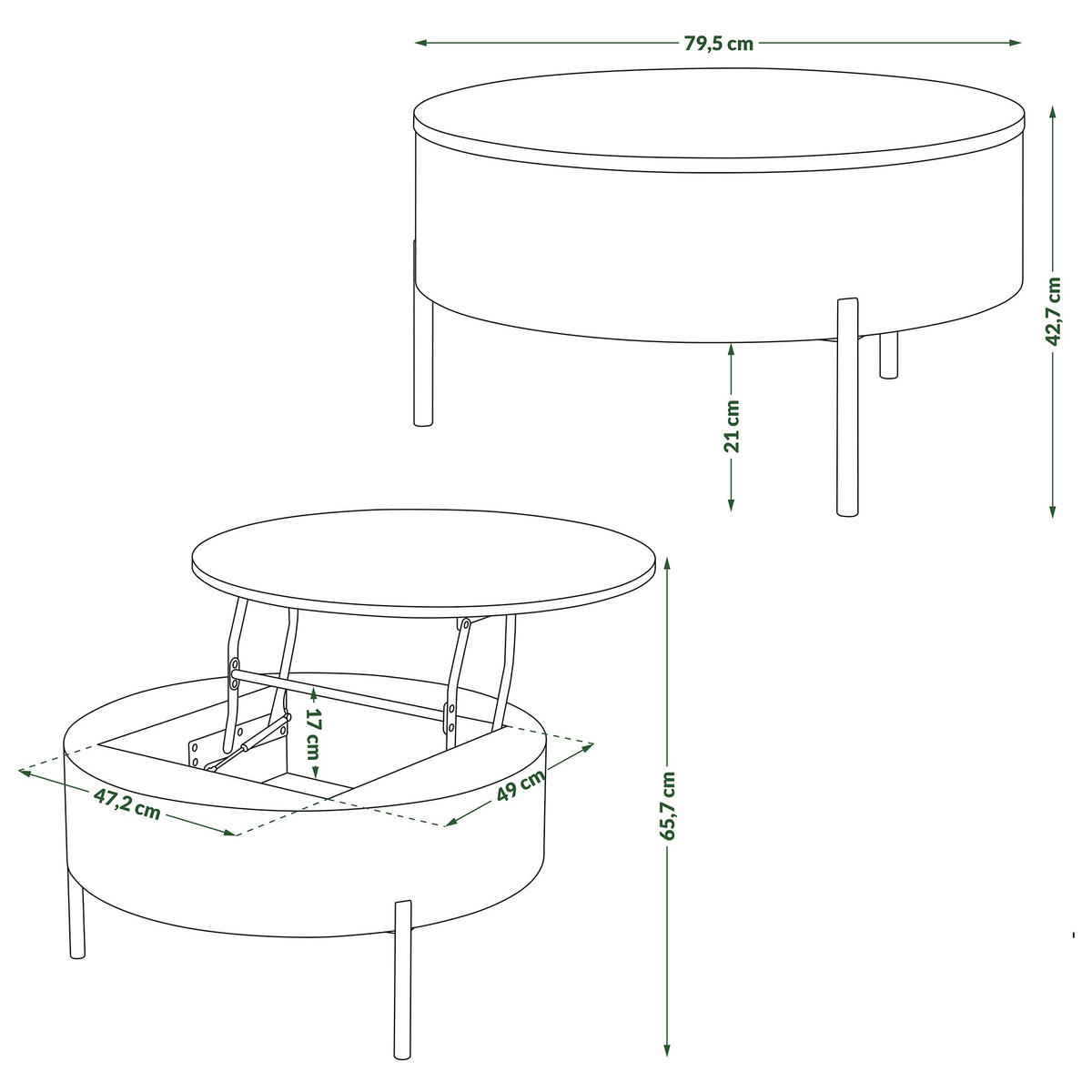 COUCHTISCH rund aufklappbar höhenverstellbar Stauraum 79/79/42 cm - Eichefarben, Holzwerkstoff (79.5/79.5/42.7cm) - designimpex