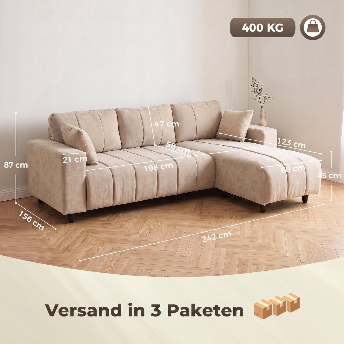 ECKSOFA Polyester Stahl Beige - Beige/Schwarz, Kunststoff/Textil (61.4/95.3cm) - HOMCOM