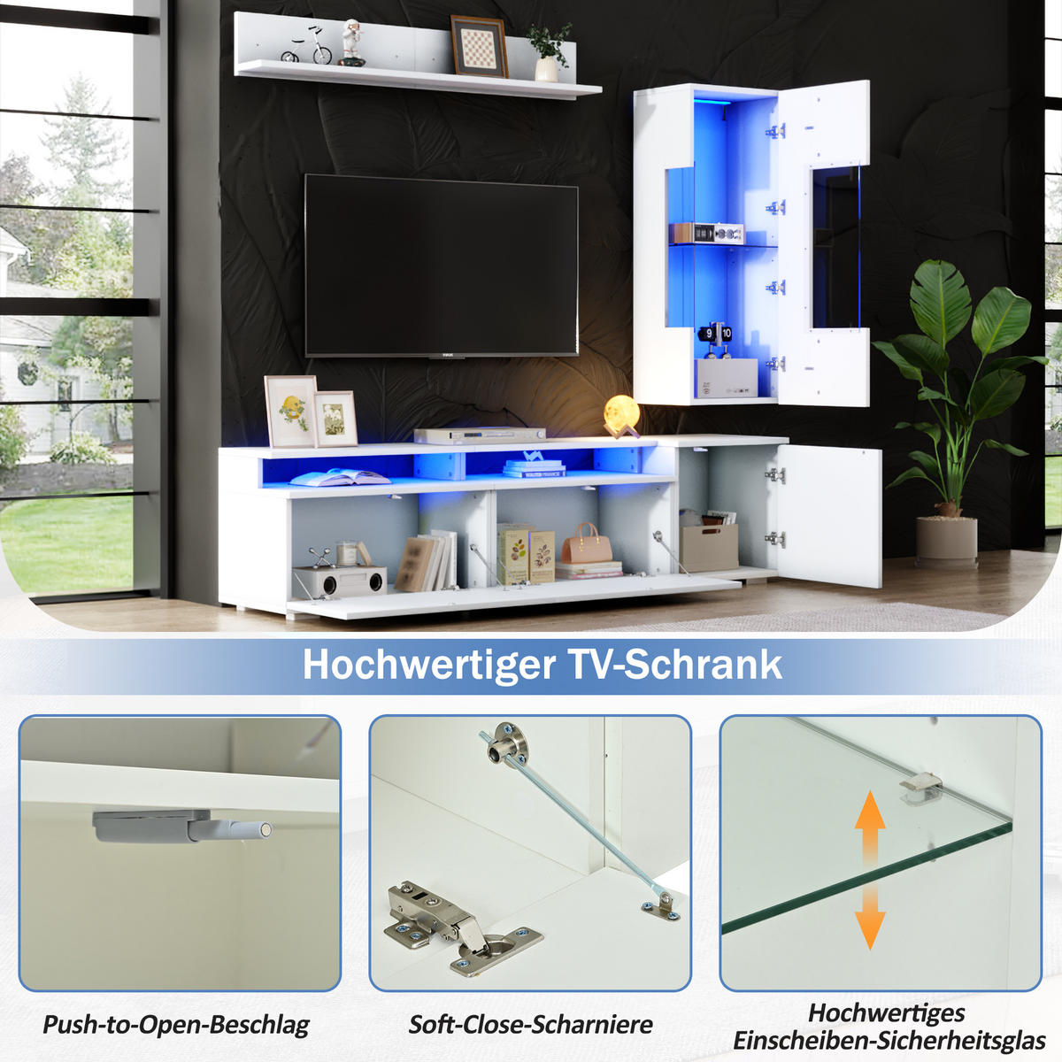 TV-ELEMENT 180/40/45 cm Weiß mit LED Beleuchtung (3 Stück) - Weiß, Holz (180/45/40cm) - Oxeza