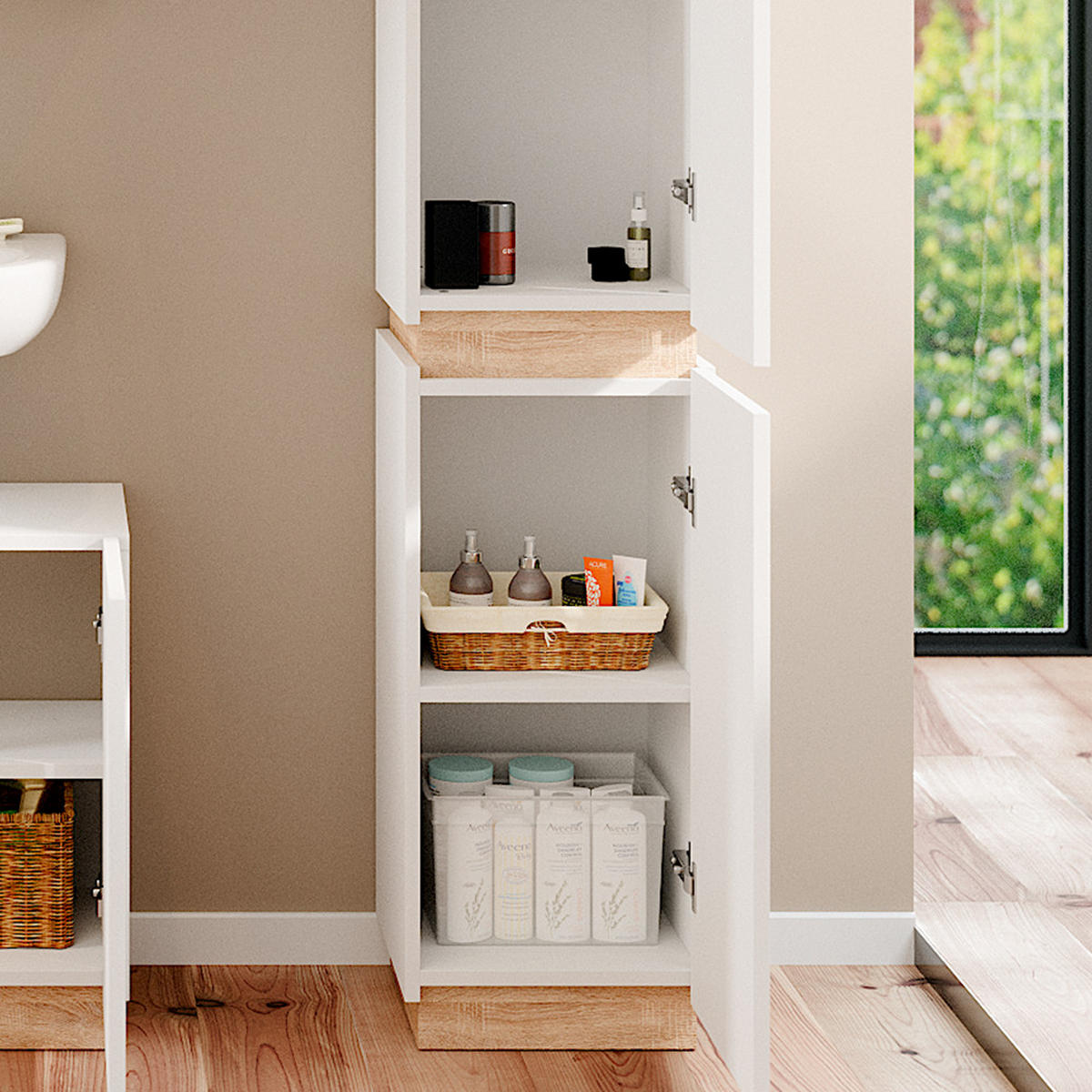 BADSCHRANK Gloria Weiß 33 x 197.5 cm mit 2 Türen - Weiß, Holzwerkstoff (33/197.5/35cm) - Vicco