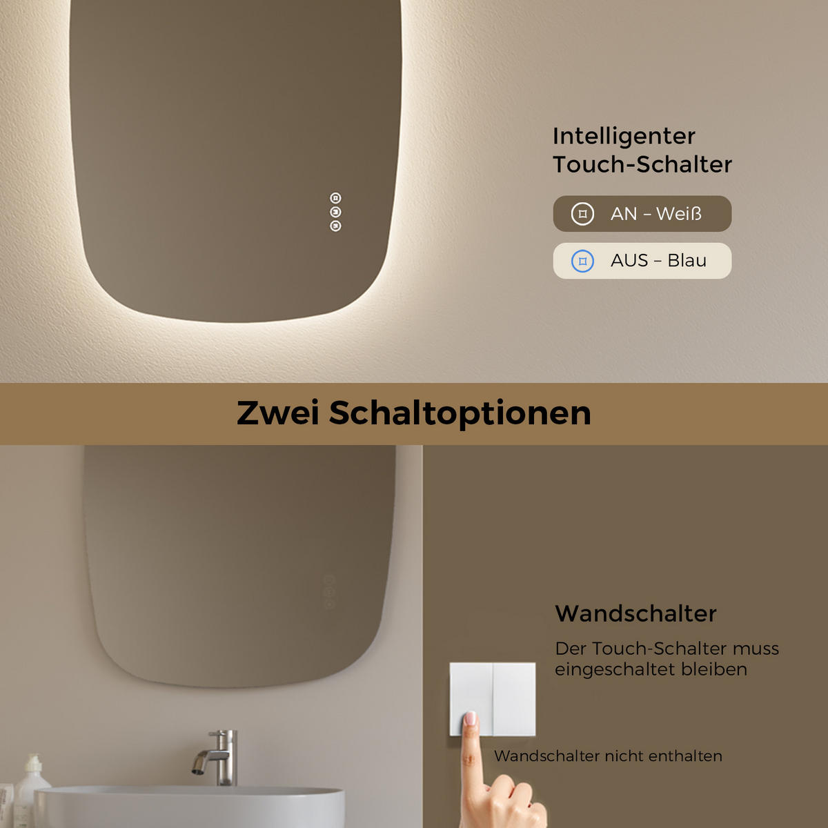 BADSPIEGEL MIT BELEUCHTUNG 70/45 cm Oval mit dimmbarer LED-Beleuchtung und Antibeschlag - Transparent, Glas (45/70/2.5cm) - S'AFIELINA