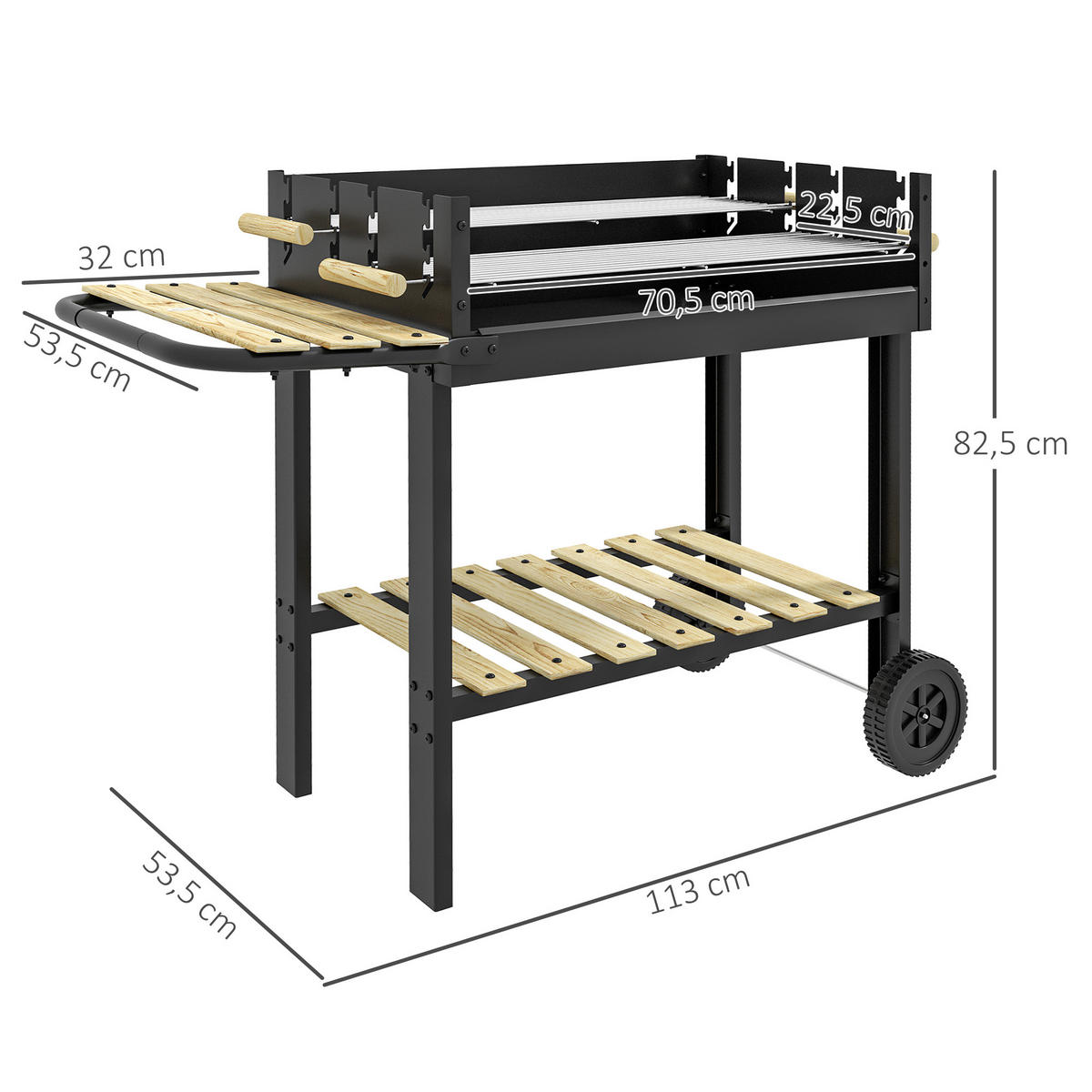 HOLZKOHLEGRILL mit Griff für BBQ, Metall, Schwarz, 113 x 53,5 x 82,5 cm - Schwarz, Metall (53.5/82.5/113cm) - Outsunny