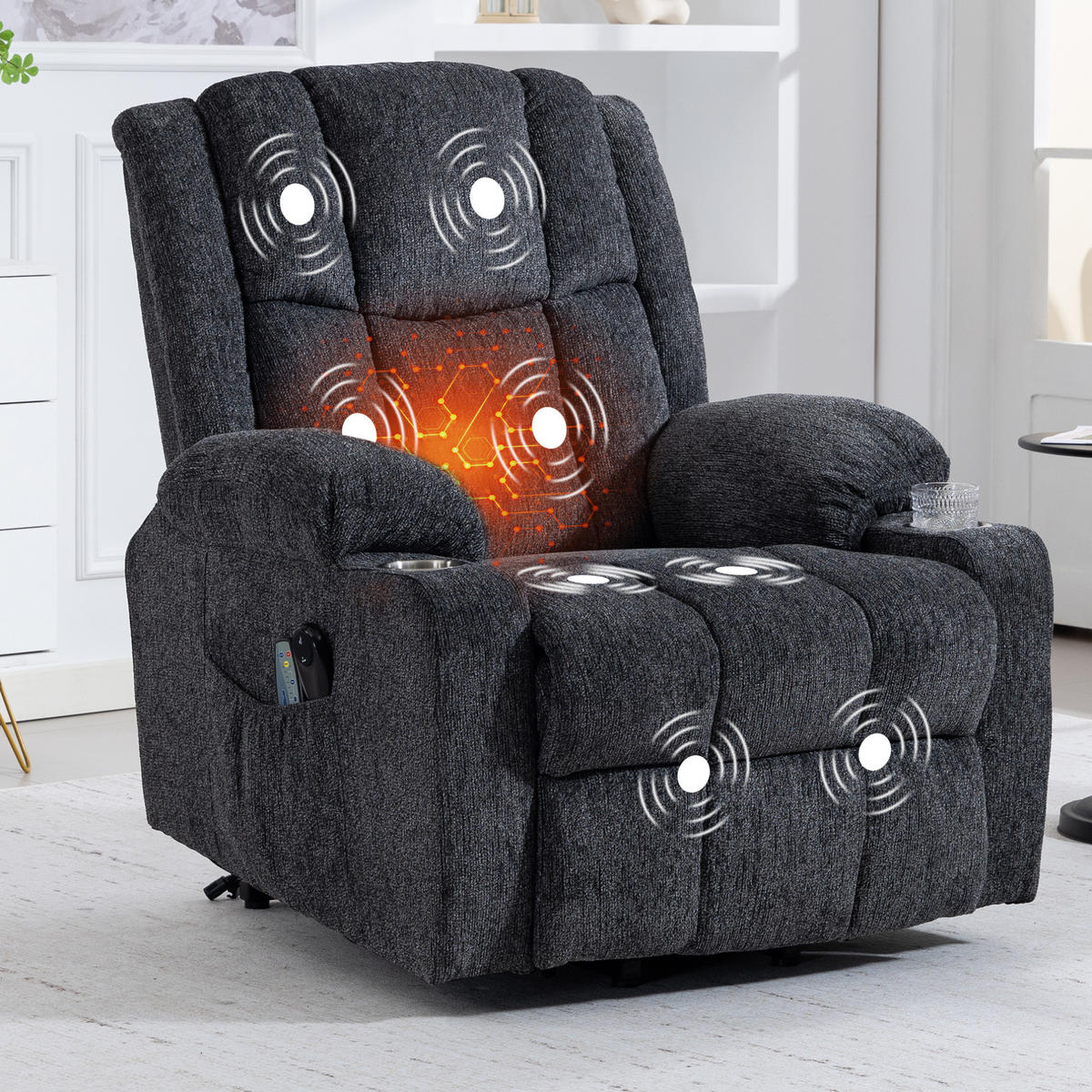 RELAXSESSEL elektrisch mit Aufstehhilfe und Fußteil in Dunkelgrau - Dunkelgrau, Textil (84/106/91cm) - BEAOK