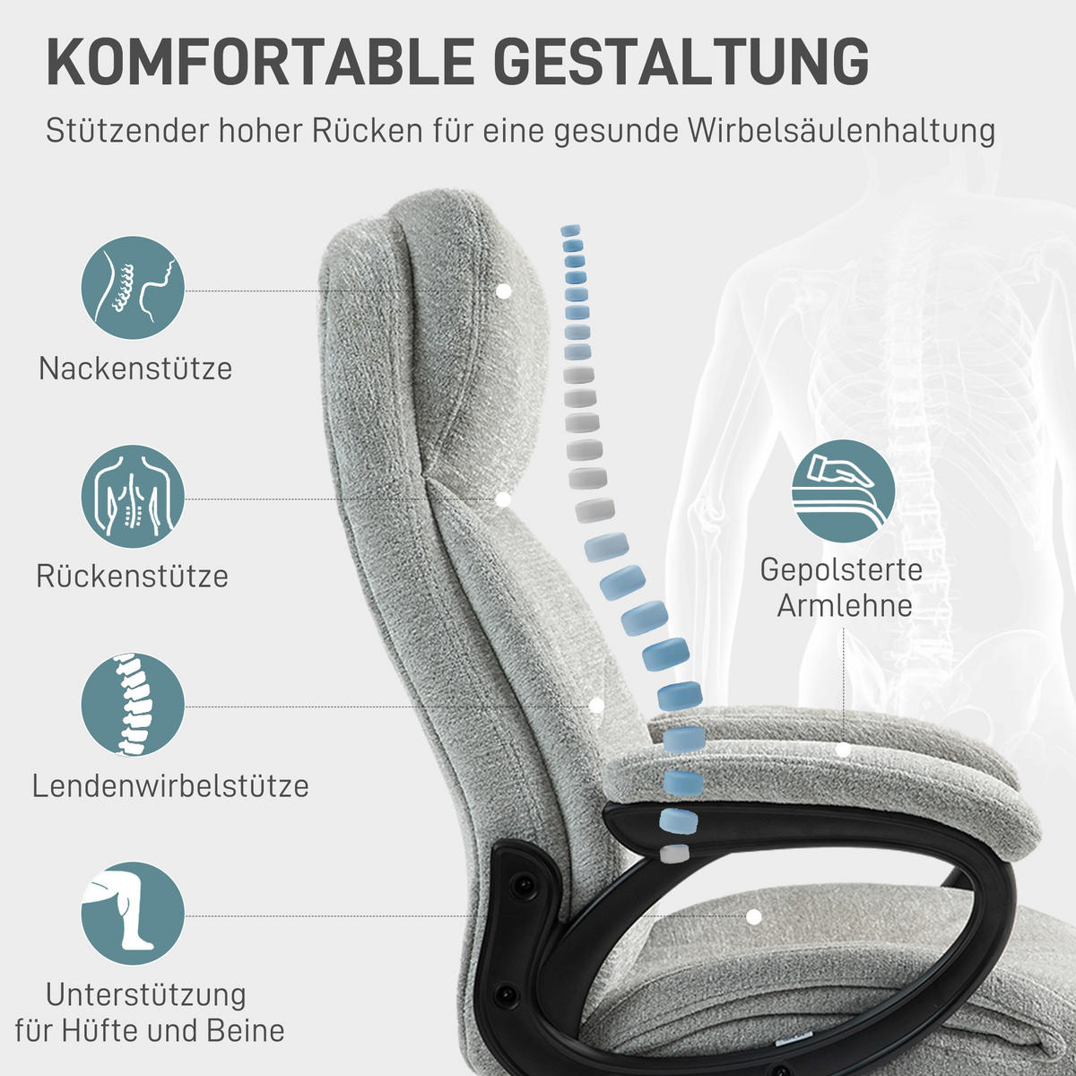 HOMCOM Bürostuhl mit Wippfunktion, ergonomisch Schreibtischstuhl, Drehstuhl - Hellgrau, Kunststoff (66/115.5/77cm) - HOMCOM