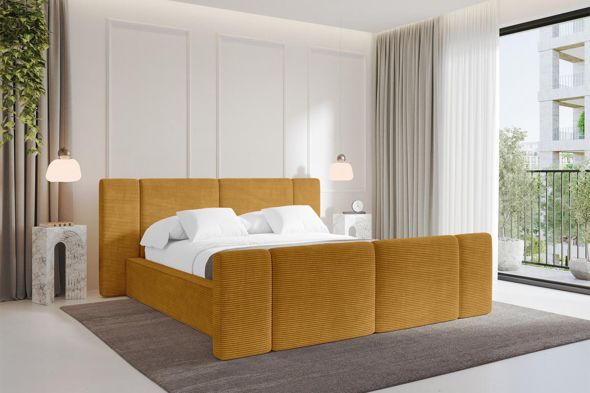 POLSTERBETT mit Bettkasten, Fußteil und Lattenrost, Bett mit Matratze H3/H4 - RIVO-Z 180x200 Senfgelb - Gelb, Holzwerkstoff/Textil (180/200cm) - ALTDECOR