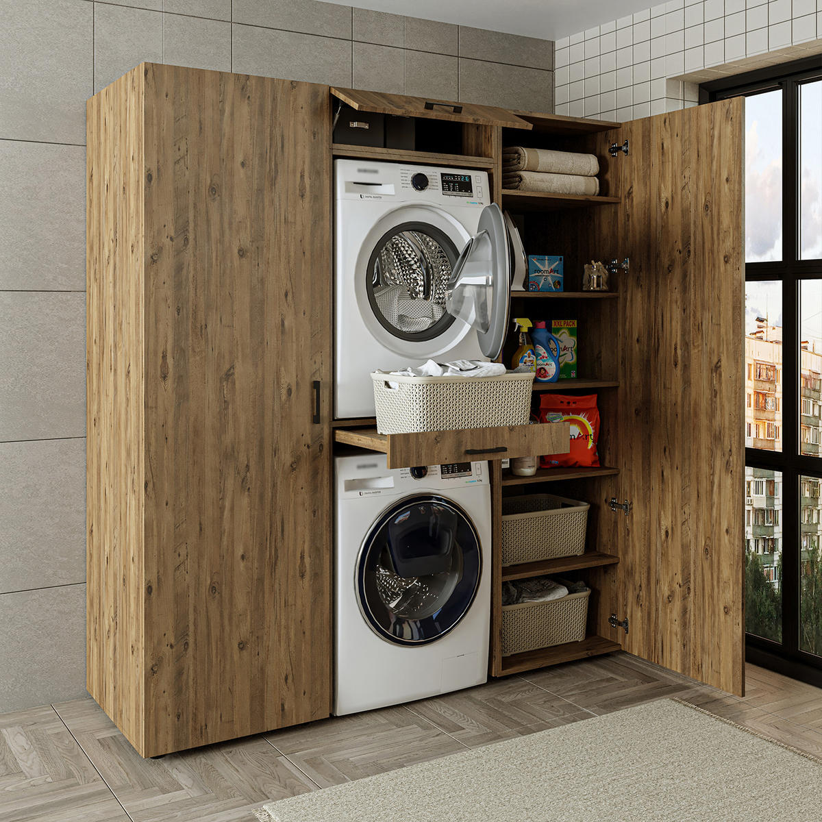 WASCHMASCHINENSCHRANK DUO-I 187cm Breit, 205cm Hoch - Eichefarben, Holzwerkstoff (187/205/67cm)