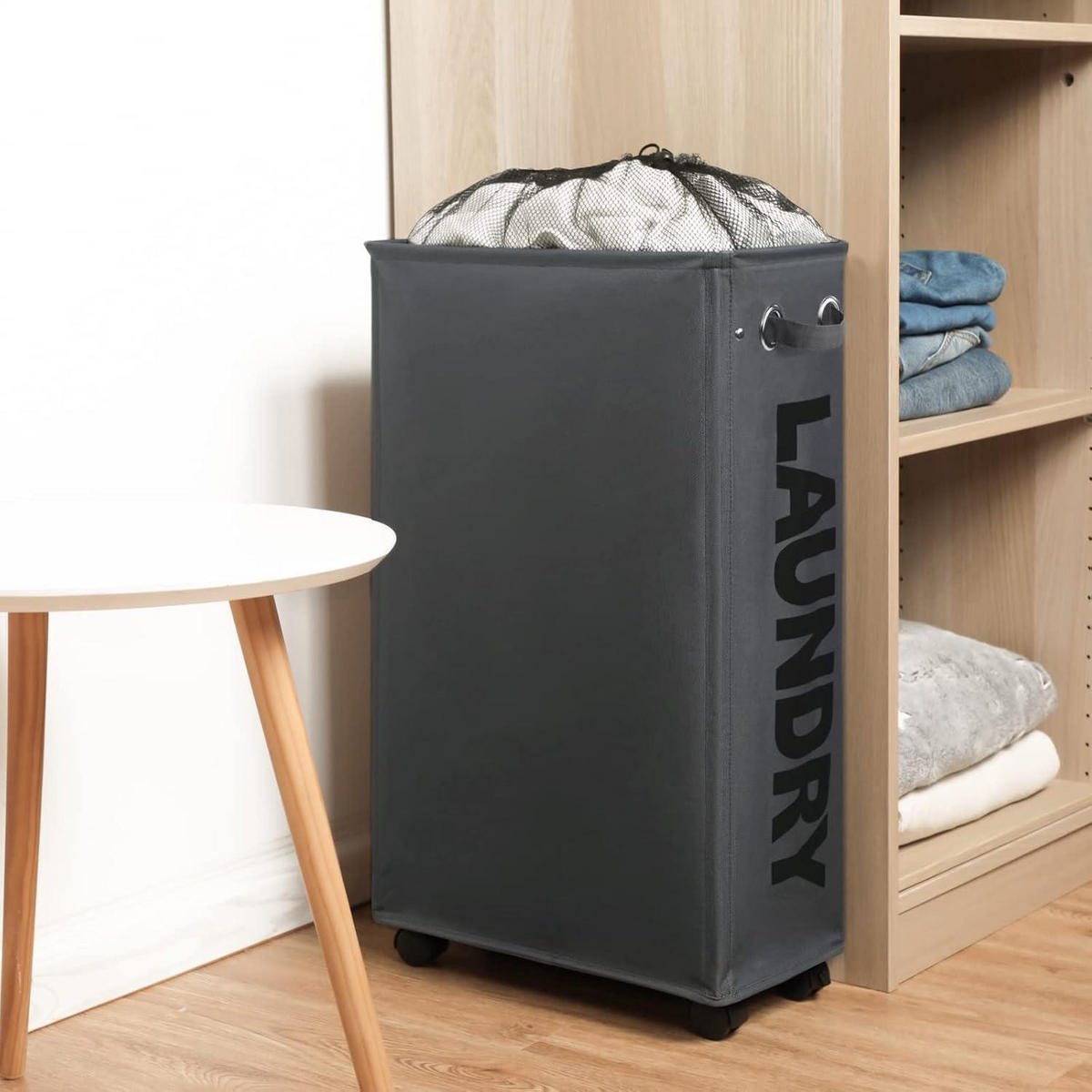 WÄSCHEKORB mit Rollen 70 L Dunkelgrau - Anthrazit, Textil (23.5/73.5/40.5cm)