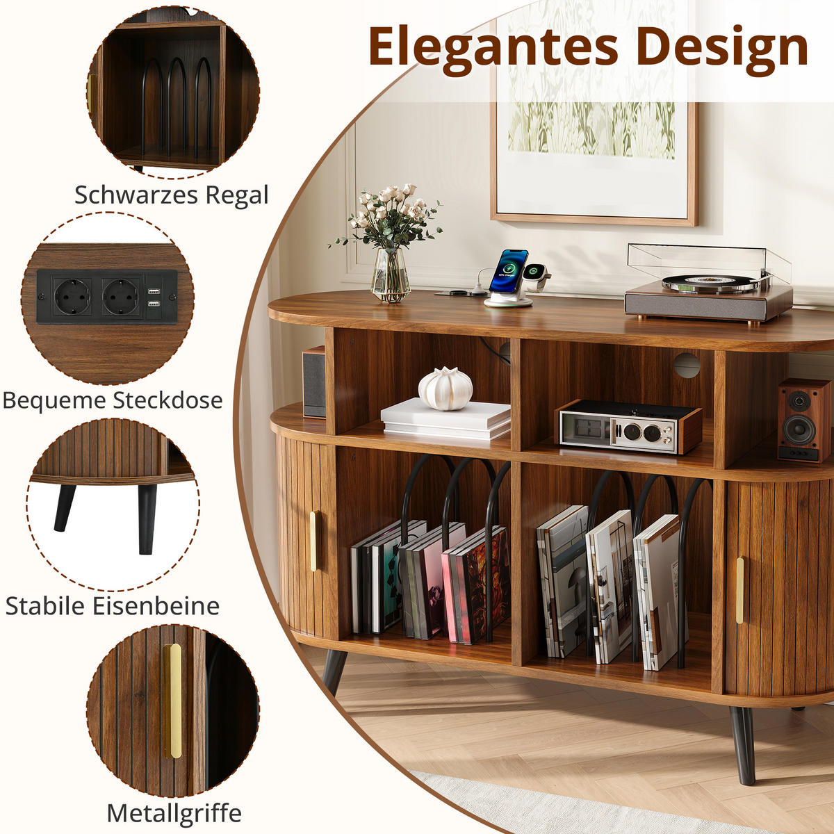 TV-SCHRANK MDF mit Schiebetür und Ladestation - Walnussfarben, Holzwerkstoff (110/76/40cm) - FLIEKS