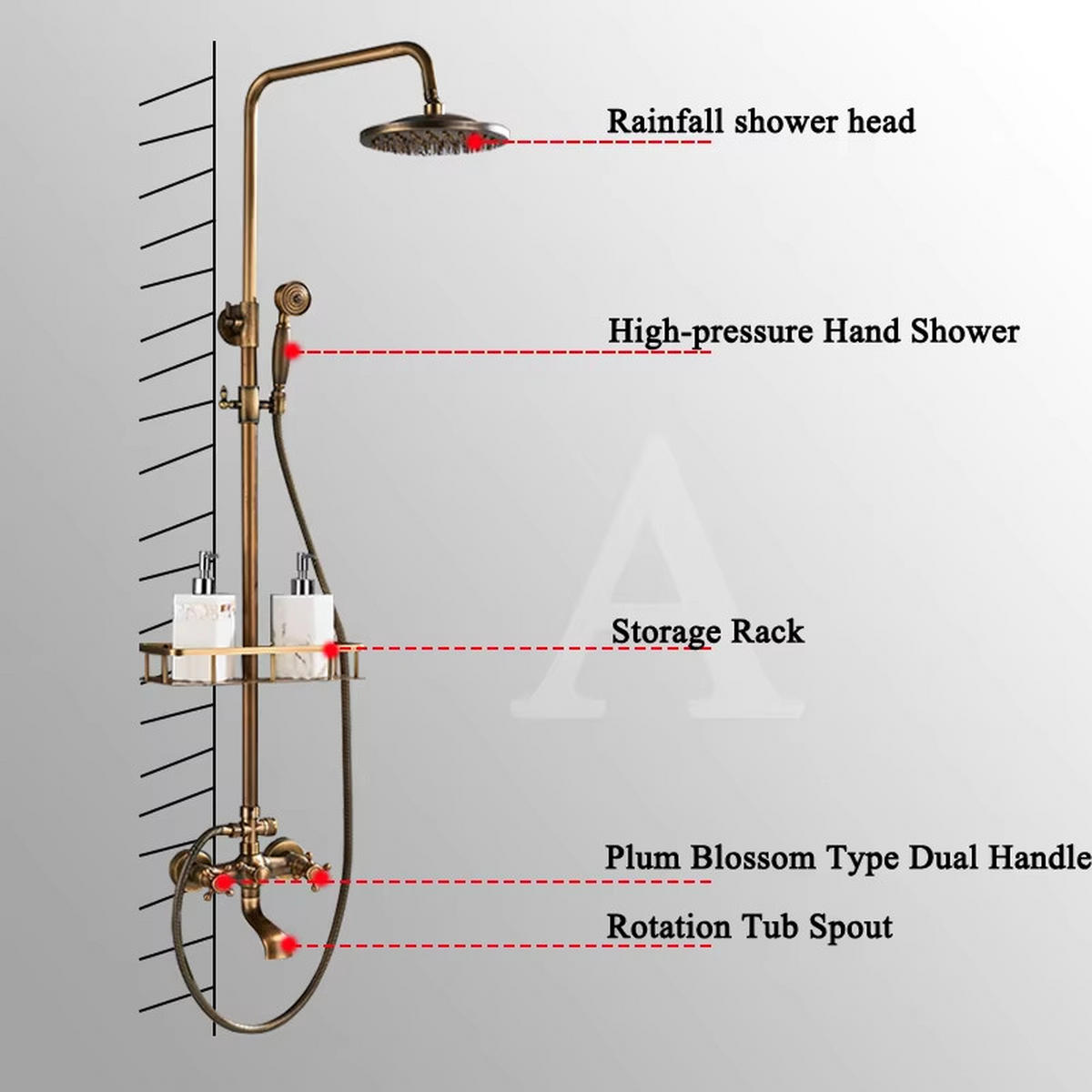 ÜBERKOPFBRAUSESET Messing Antik, 120cm, mit Handbrause - Bronzefarben, Metall (21.5/120/47cm) - Kaket