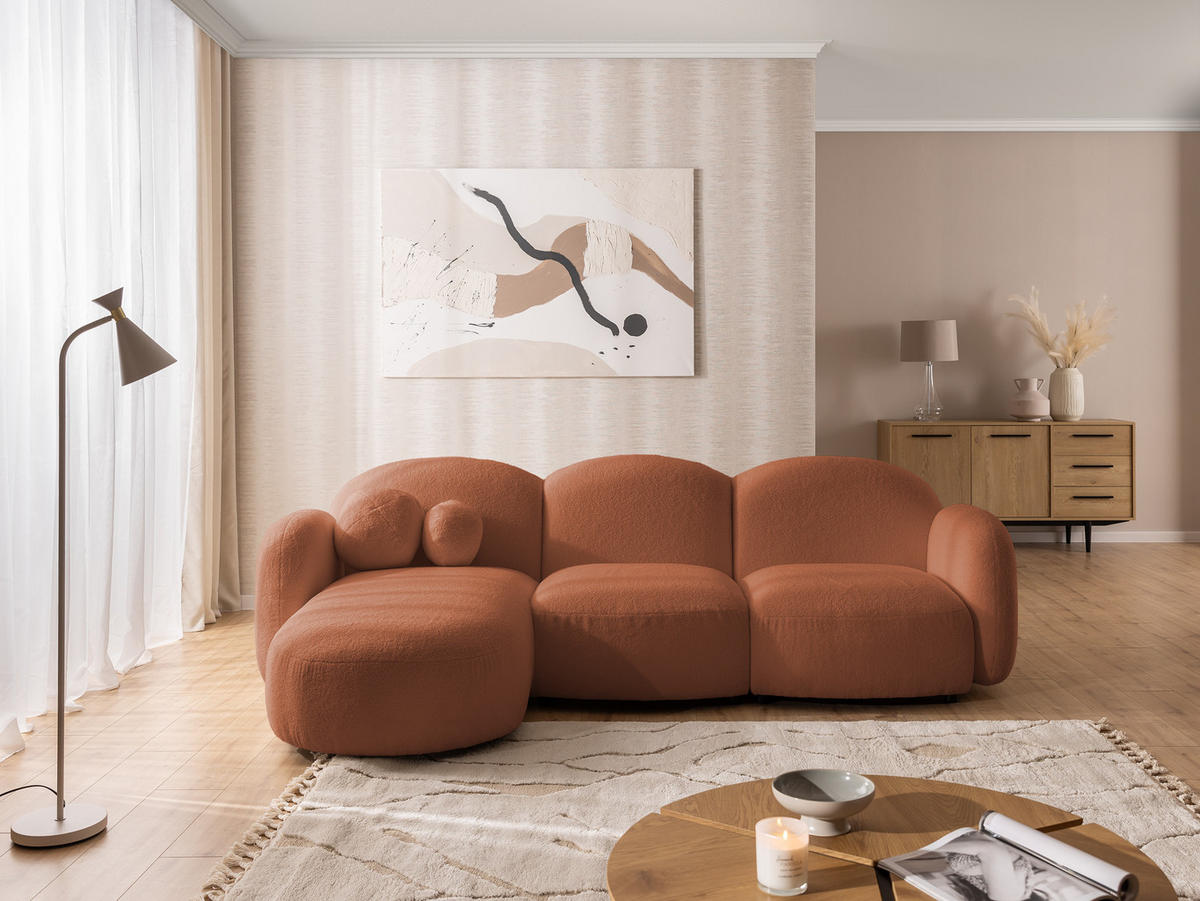 ECKSOFA Nuvola mit abgerundetem Design Terrakotta Bouclé-Stoff - Ottomane Links - Terra cotta/Schwarz, Holz/Kunststoff (268/146cm) - S-Style Möbel