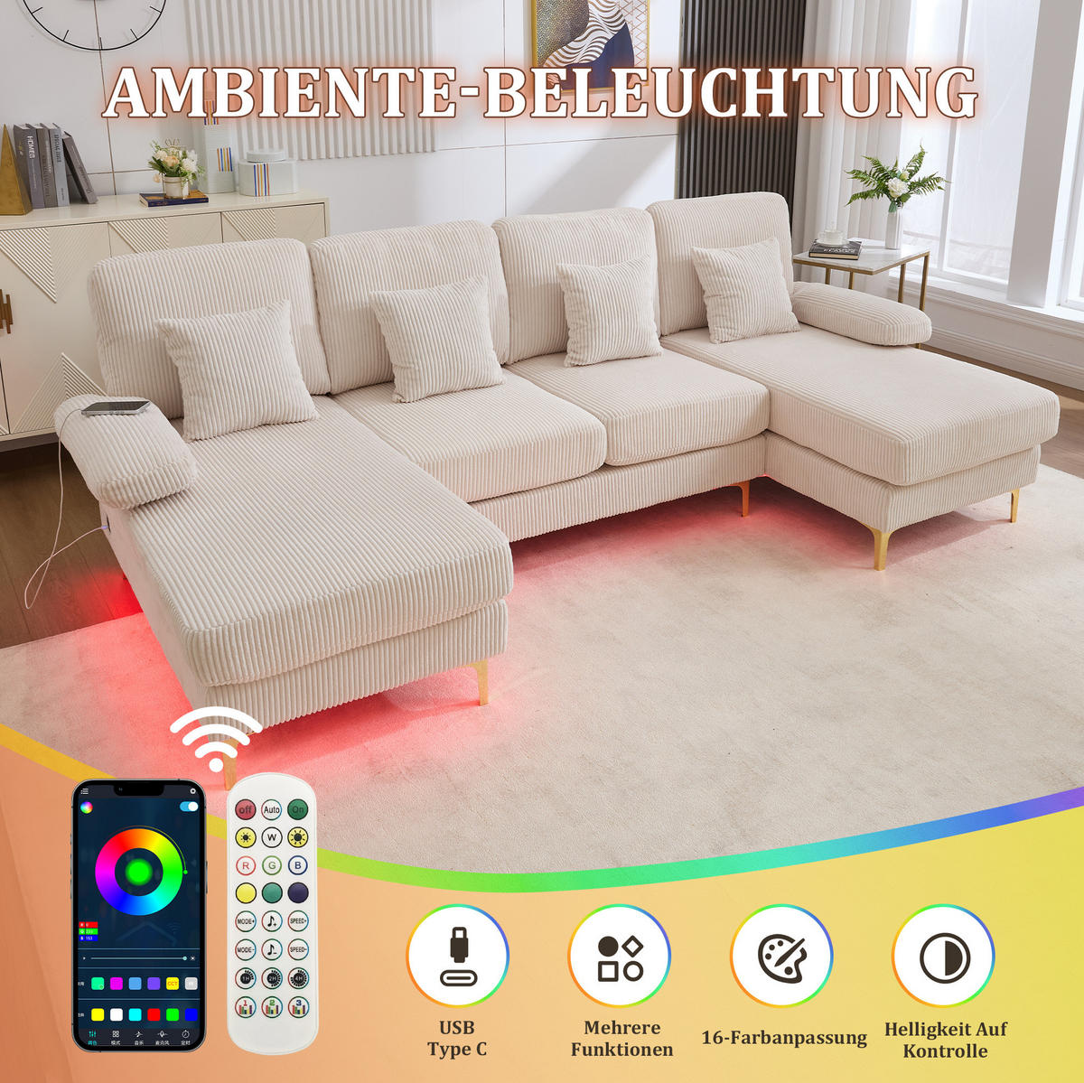 SEDACIA zostava v tvare U, 265/135/88 cm, zamat béžová, s LED osvetlením a USB portom - béžová, textil (135/88/265cm) - BEAOK