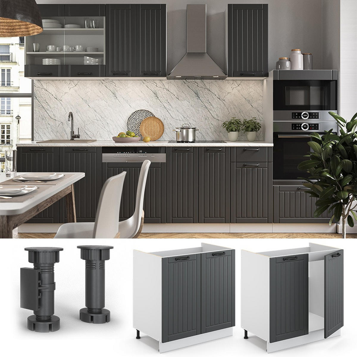 SPÜLENUNTERSCHRANK Fame-Line Anthrazit Landhaus 80 cm , AP Marmor - Dunkelgrau/Weiß, Holzwerkstoff (80/82/60cm) - Vicco