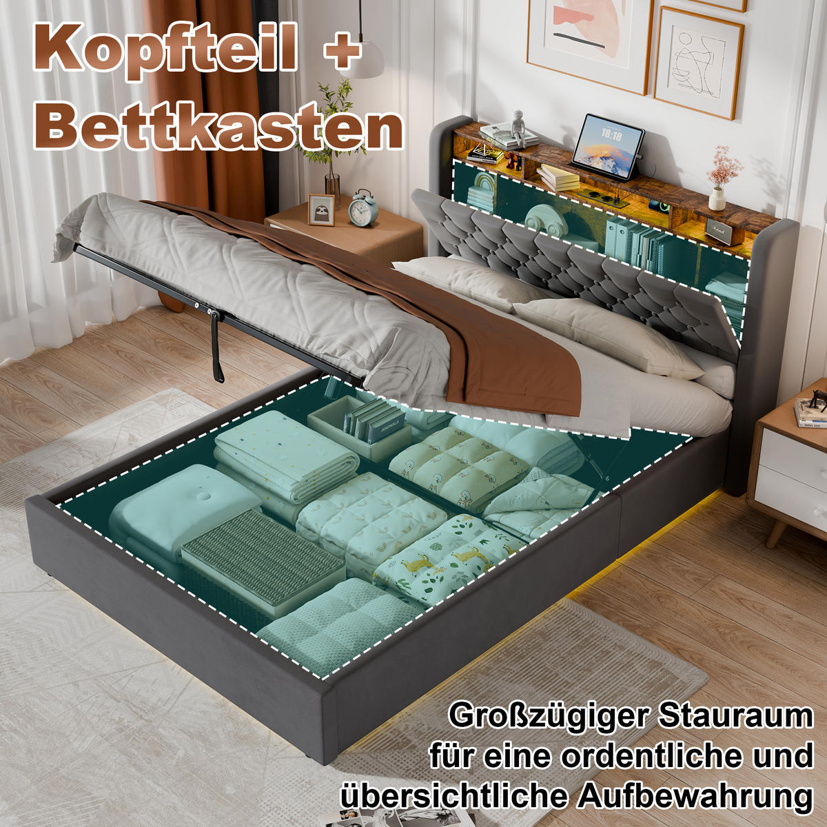 POLSTERBETT aus Samt 140x190 cm Grau mit LED-Beleuchtung & USB-Anschlüsse mit hydraulischem Stauraum - Grau, Textil (140/190cm) - Modfu