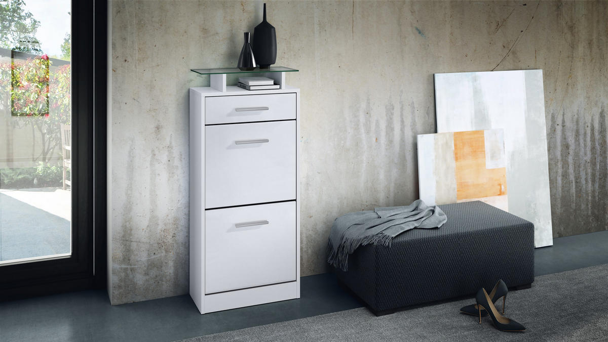 SCHUHSCHRANK Loret Front in Weiß matt - Weiß, Holzwerkstoff (46/104/23cm) - Vladon