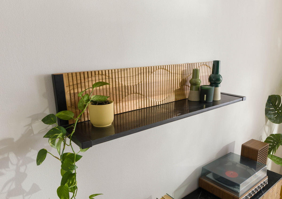 WANDREGAL Akazie 120x25x25 natur lackiert / Marmor schwarz LONDON #125 - Braun, Holz (120/25/25cm) - Massivmoebel24