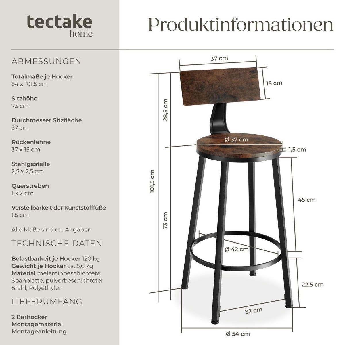 BARHOCKER 2er Set Poole,Sitzhöhe 74 cm,Industrial Holz dunkel - Rostfarben, Holzwerkstoff/Textil (46.5/104/46.5cm) - tectake