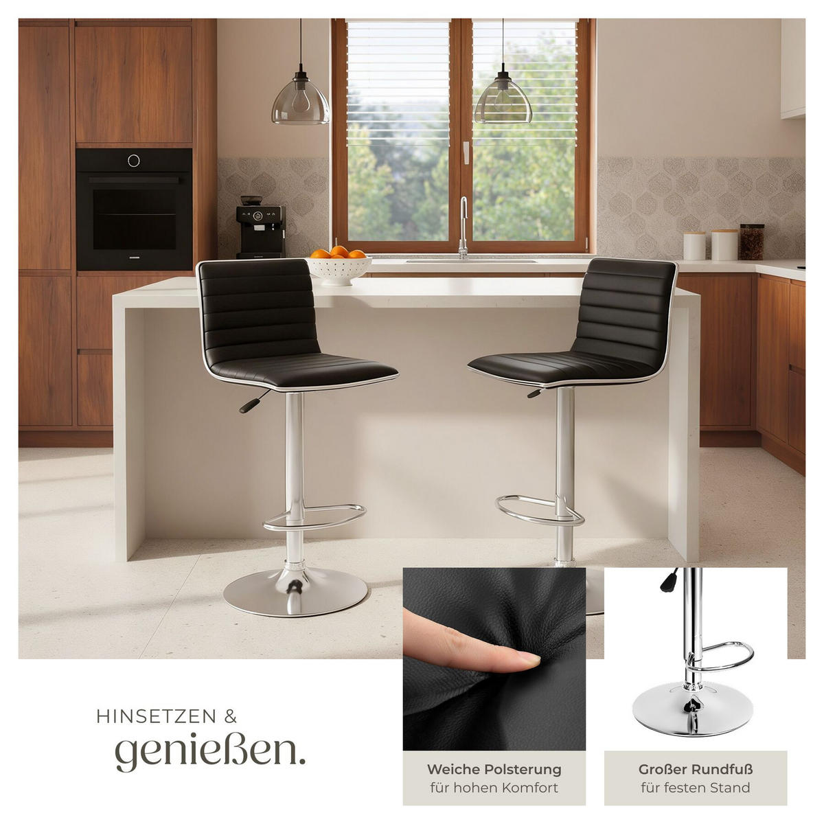 BARHOCKER 2er Set Johannes, Sitzhöhe 60 - 81 cm, schwarz - Schwarz, Leder/Textil (40/109/38cm) - tectake