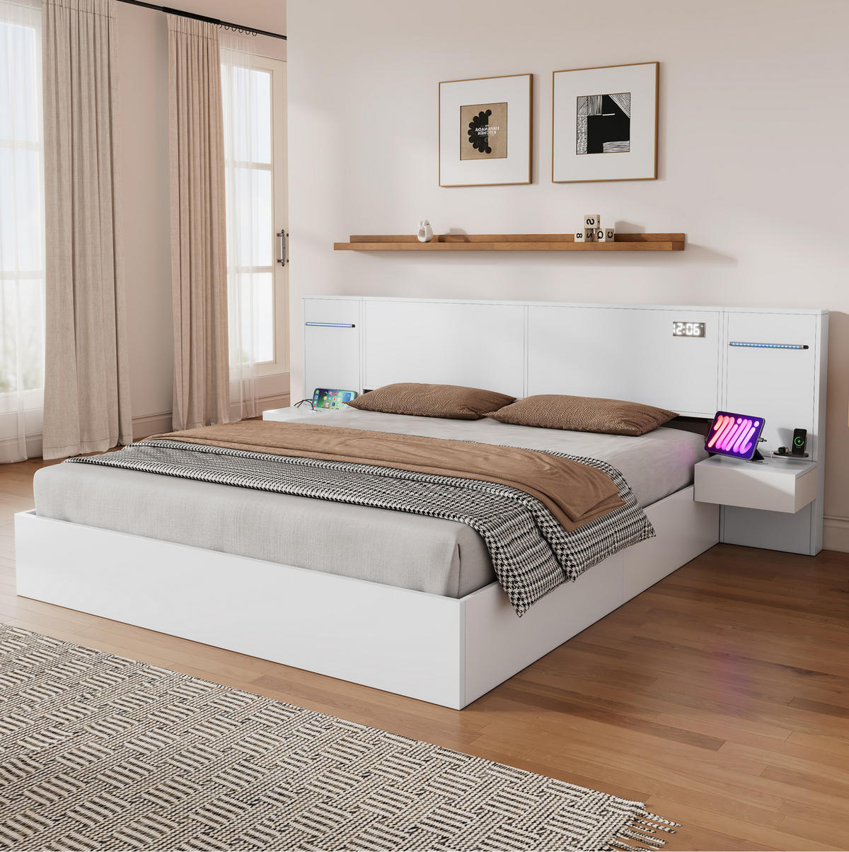 MANŽELSKÁ posteľ 180/200 cm biela z MDF s Bluetooth reproduktormi, USB a svetelným pásom - biela, kompozitné drevo (180/200cm) - OKWISH